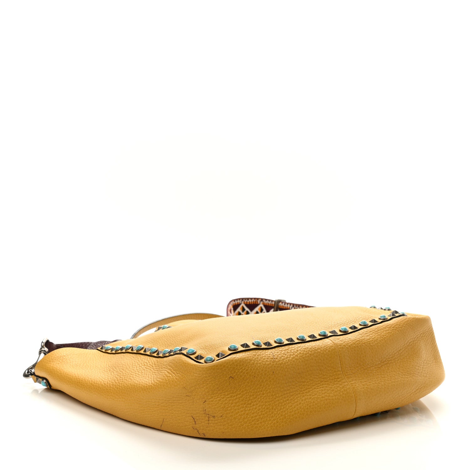 Valentino Garavani Stampa Alce Calfskin Medium Guitar Strap Rockstud Rolling Reversible Tote Wine Yellow 7 of 18