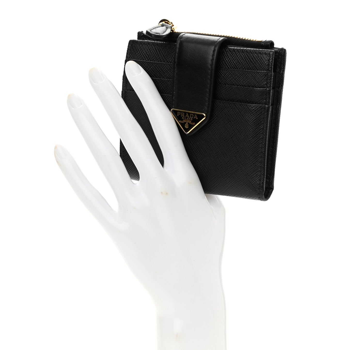 Saffiano Smooth Calfskin Tab Card Holder Compact Wallet Black