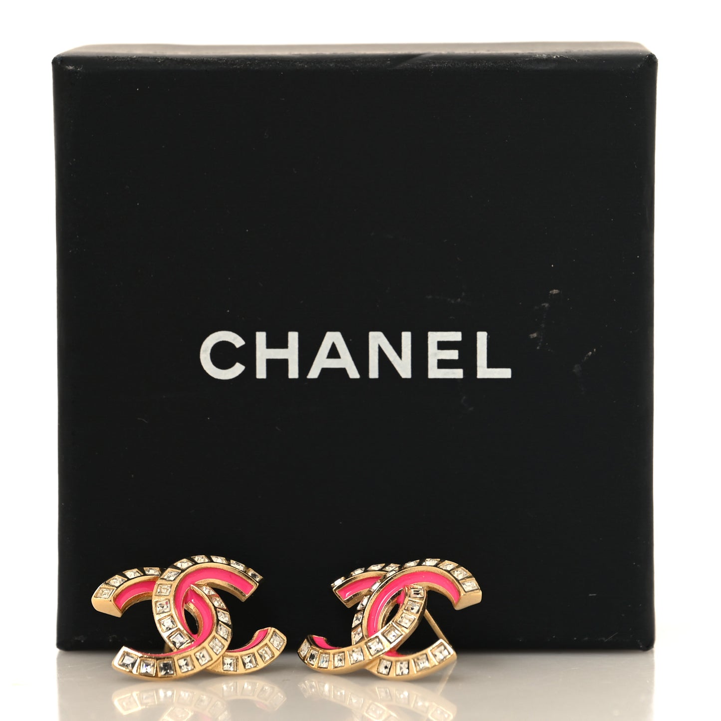 Baguette Crystal Enamel CC Earrings Gold Pink