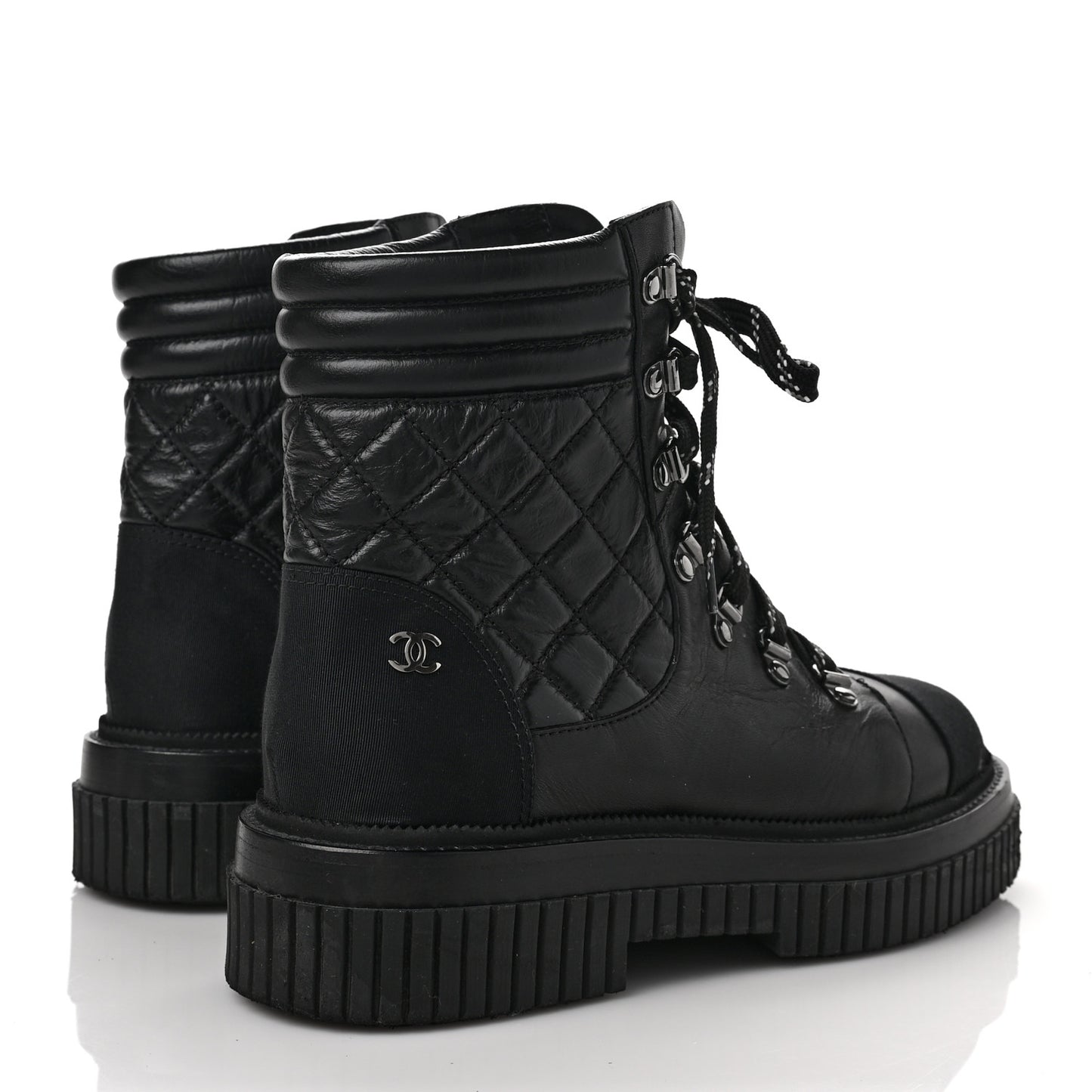 Calfskin Grosgrain Quilted Lace Up Boots 39.5 Black Grey