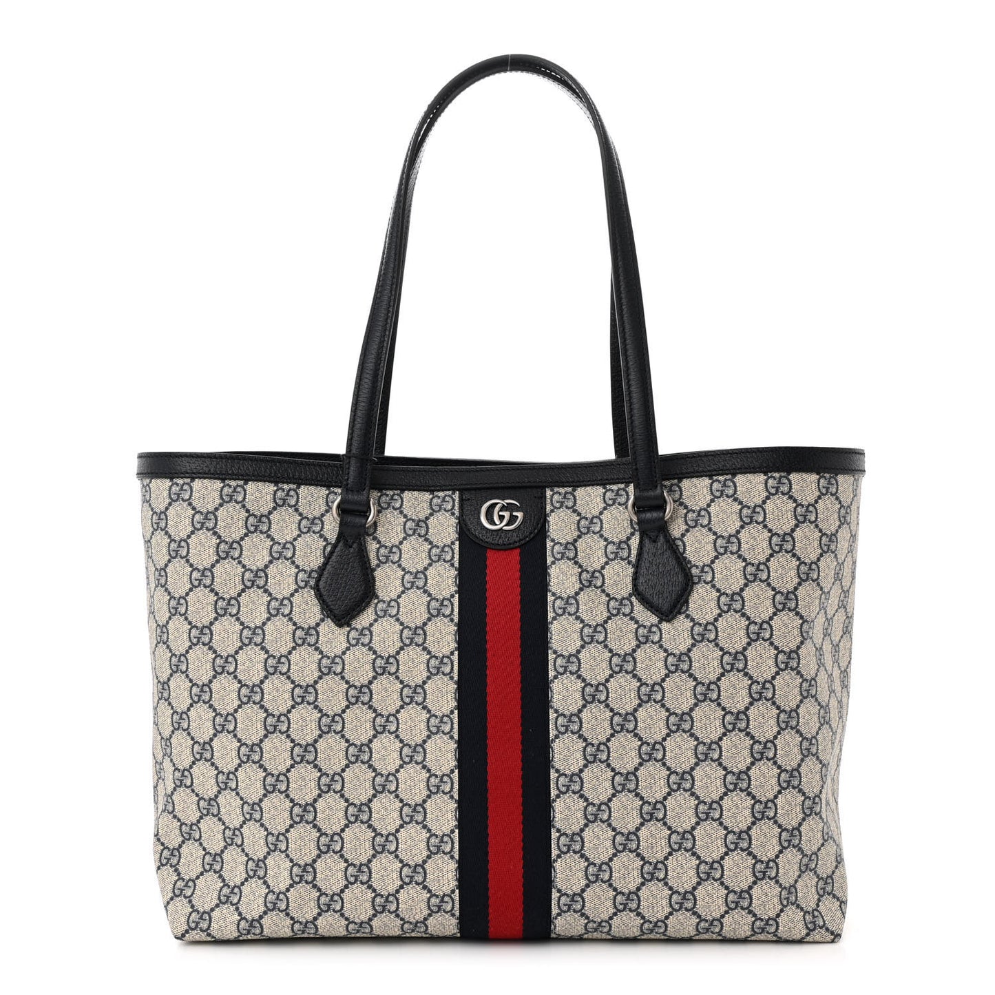 GG Supreme Monogram Textured Calfskin Web Medium Ophidia Shopping Tote Beige Blue