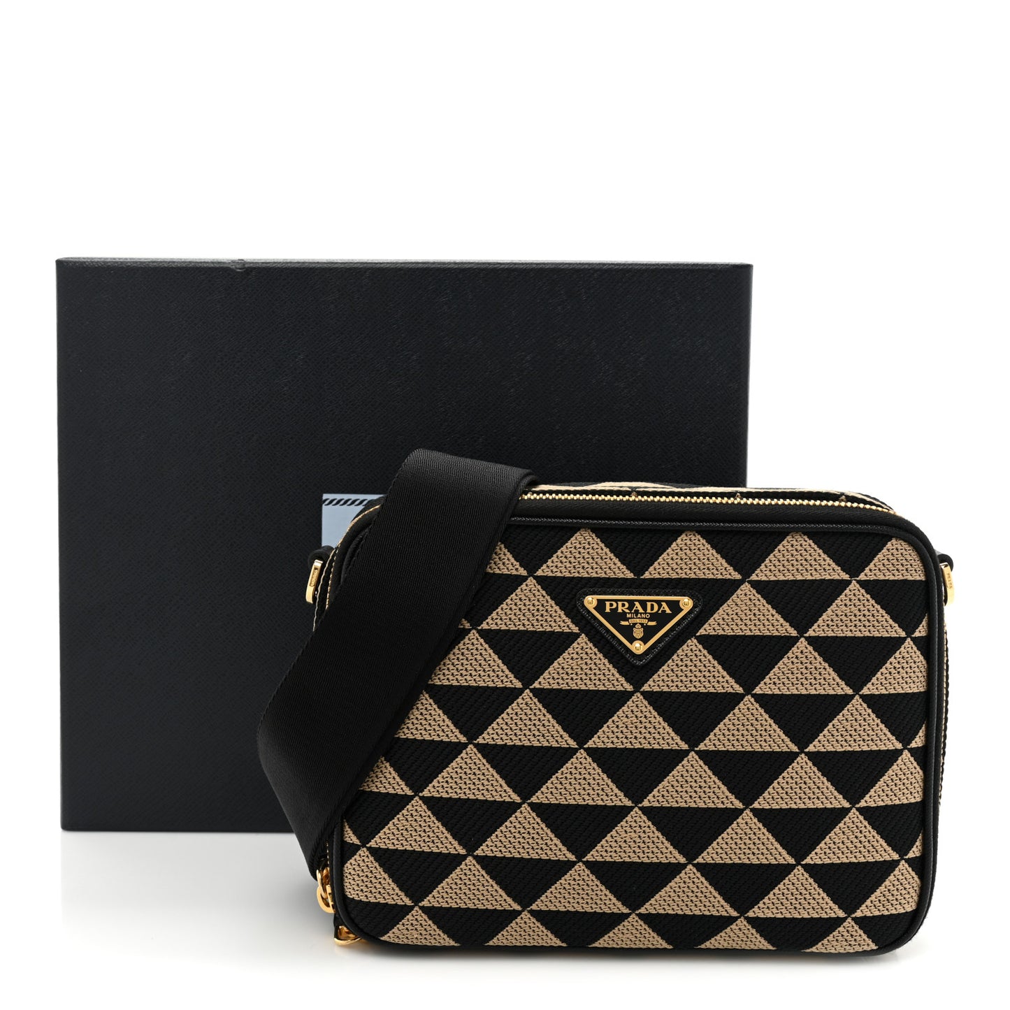 Jacquard Saffiano Triangolo Symbole Embroidered Medium Shoulder Bag Black Corda
