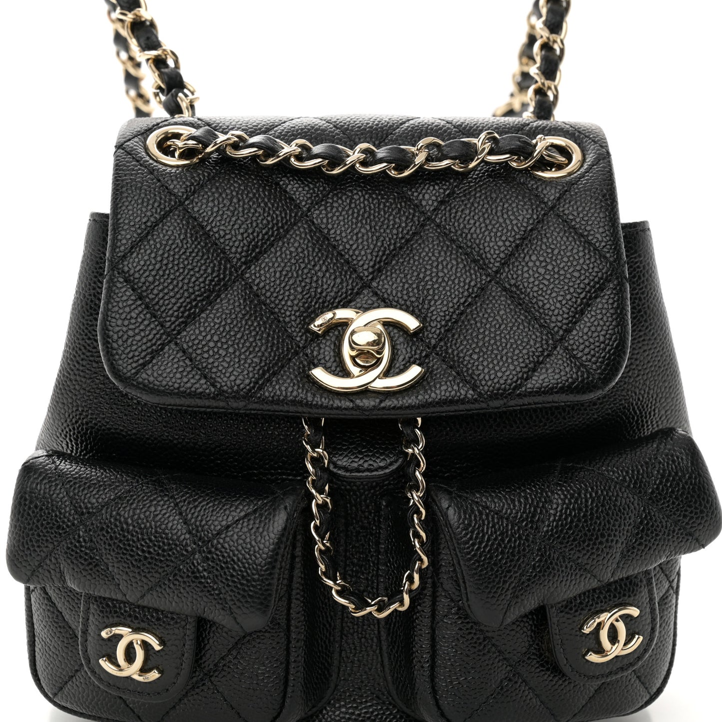 Shiny Caviar Quilted Small Duma Pockets Drawstring Backpack Black