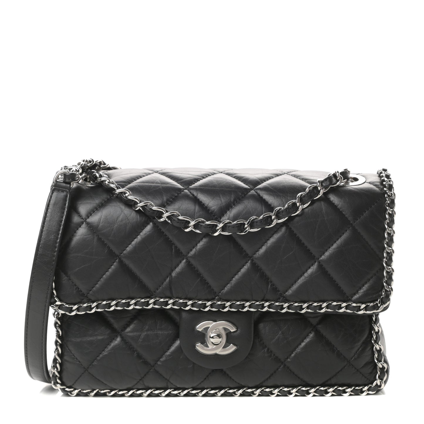 Crumpled Calfskin Medium Chain All Over Flap Black