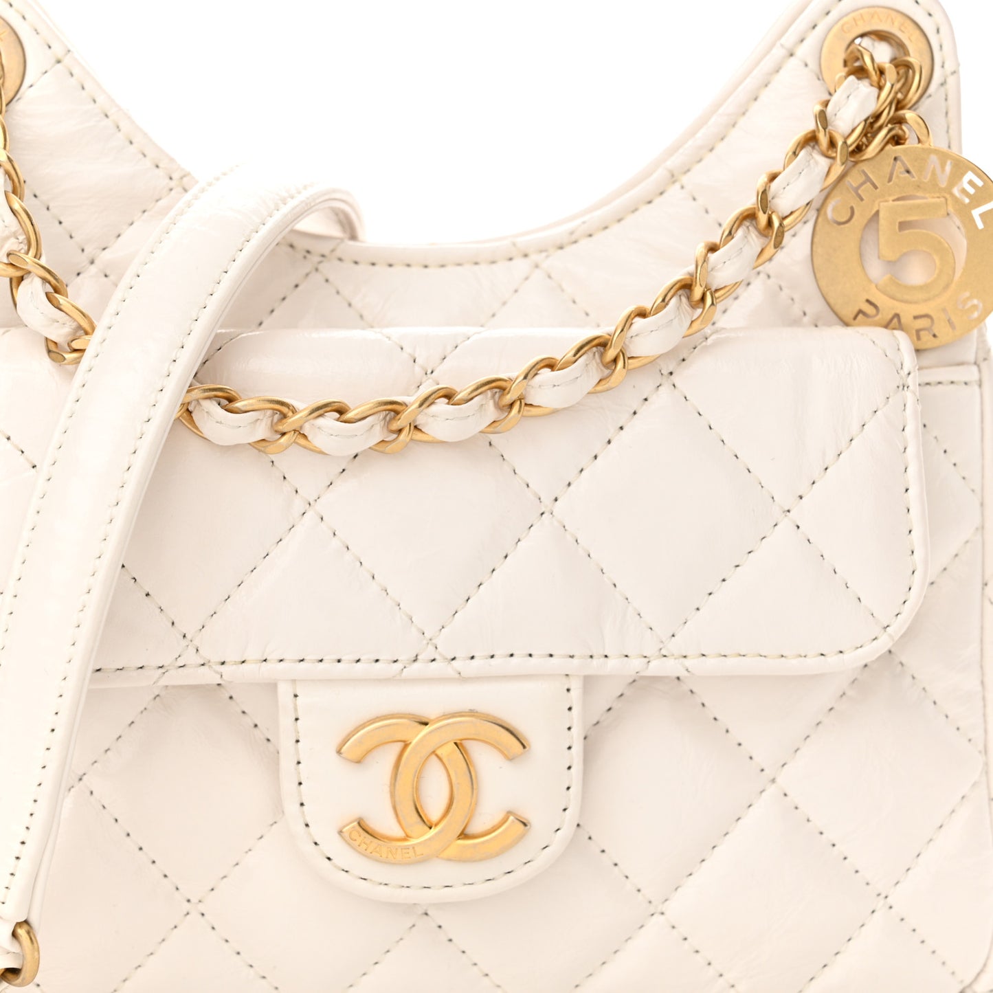 Shiny Crumpled Calfskin Quilted Small Wavy CC Hobo White