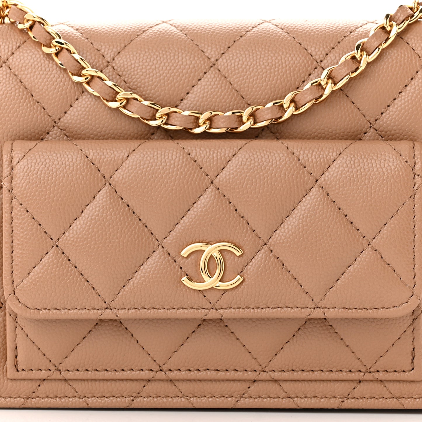 Caviar Quilted Pocket Clutch With Chain WOC Beige
