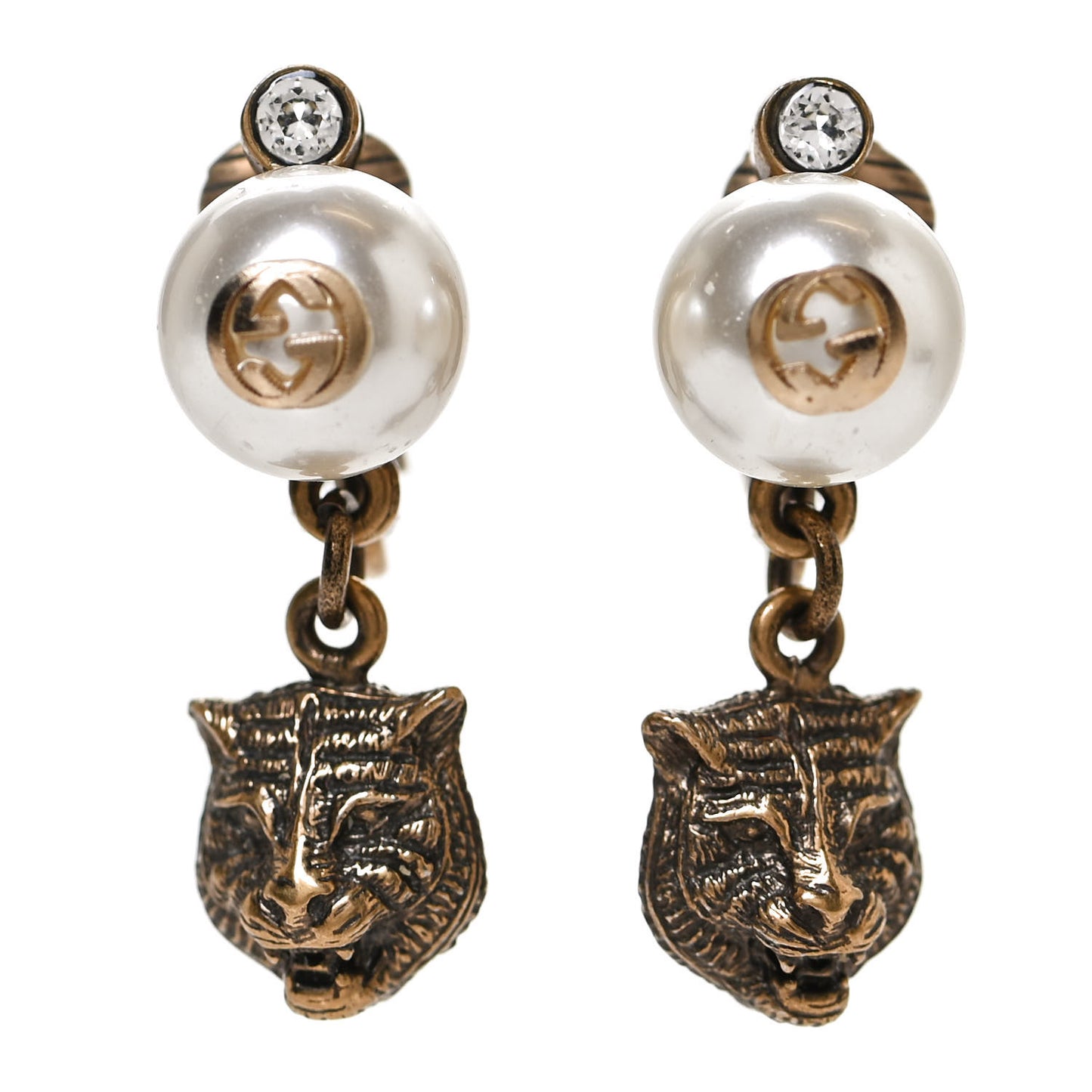 Metal Crystal Resin Pearl Feline Clip On Earrings Aged Gold