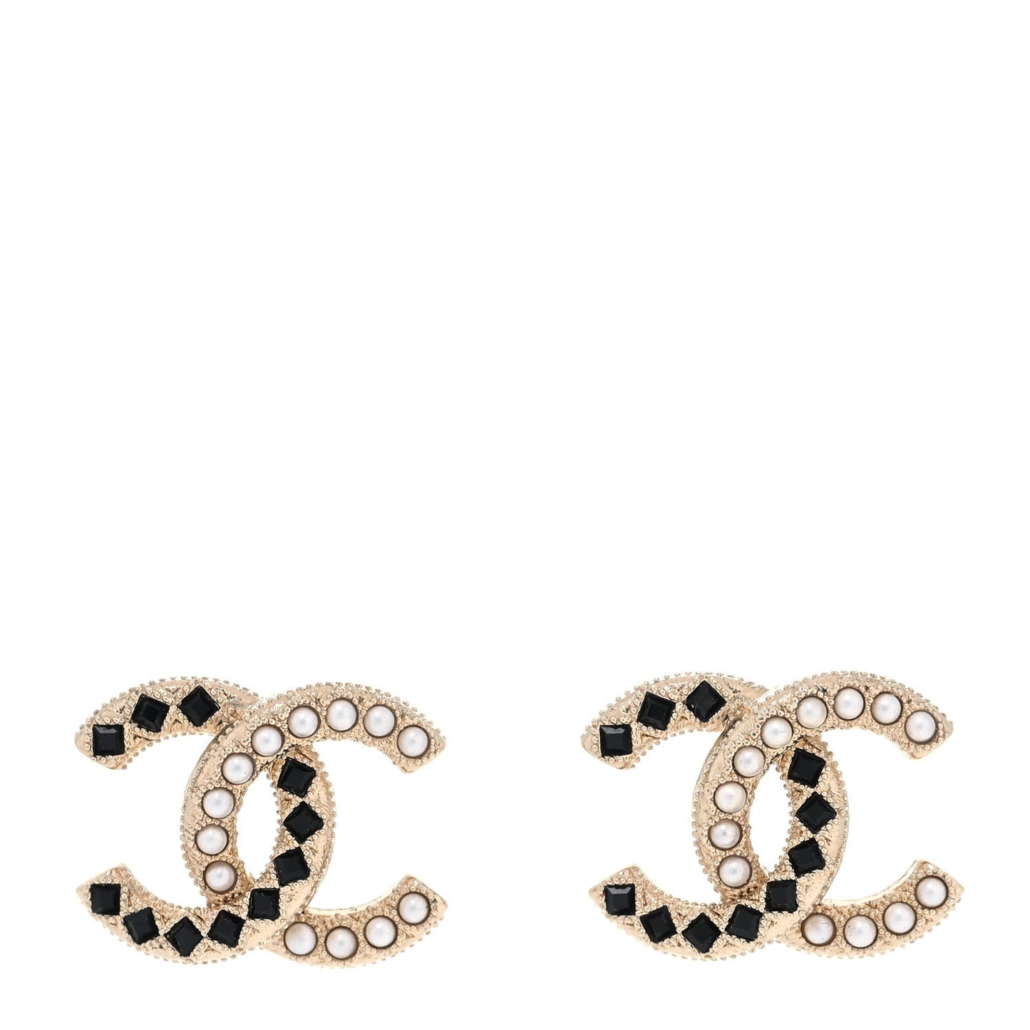 Baguette Crystal Pearl CC Earrings Gold Black