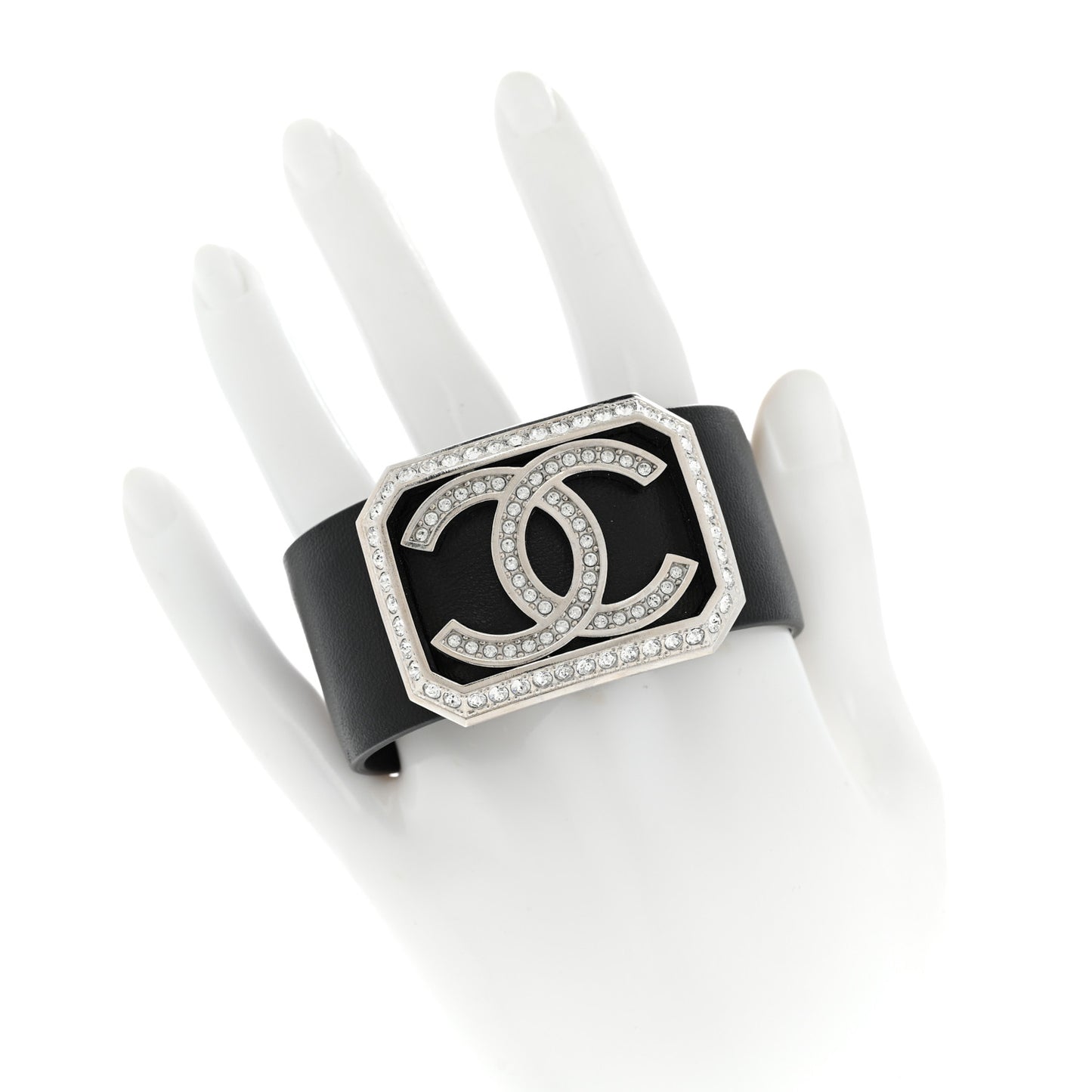 Calfskin Crystal CC Cuff Bracelet M Black