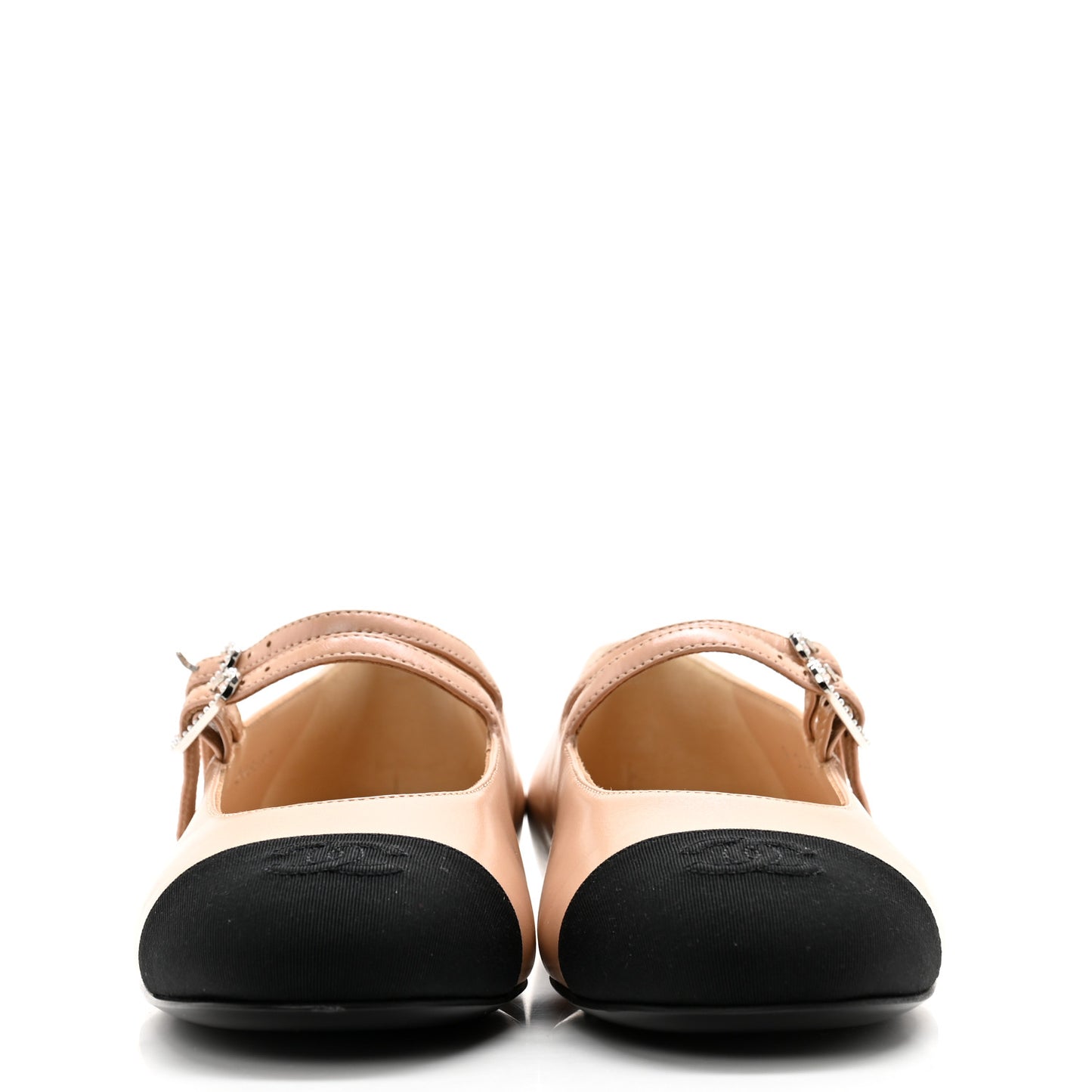Lambskin Grosgrain Pearl Mary Jane Flats 38.5 Beige Black