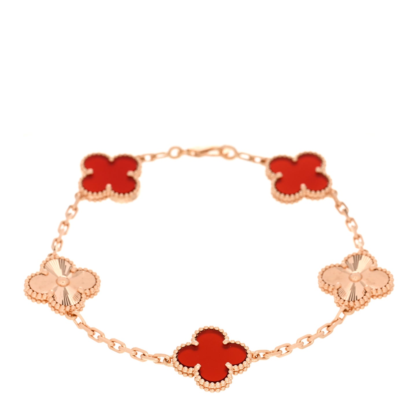 18K Rose Gold Carnelian 5 Motifs Guilloche Vintage Alhambra Bracelet