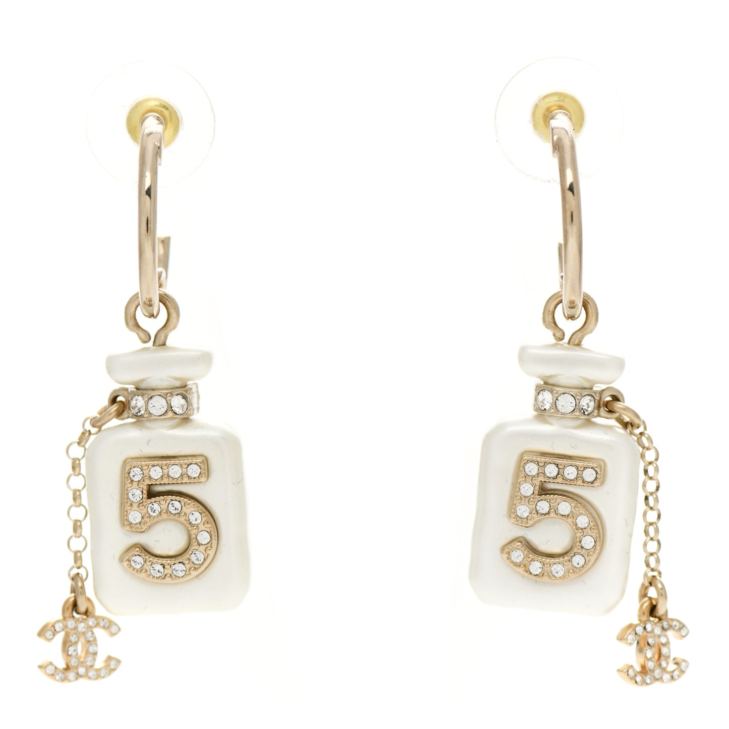 Pearl Resin Crystal CC No 5 Perfume Bottle Drop Earrings Gold Pearly White