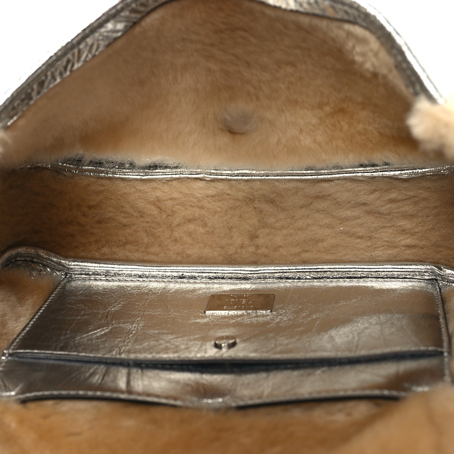 Craquele Lambskin Sheepskin Fur Baguette Argento