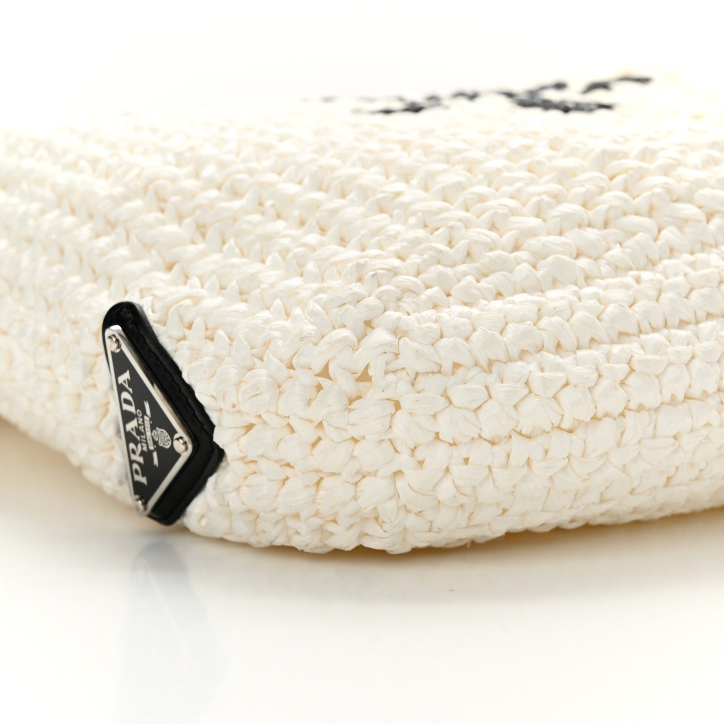 Yarn Raffia Effect Crochet Embroidered Small Logo Tote White