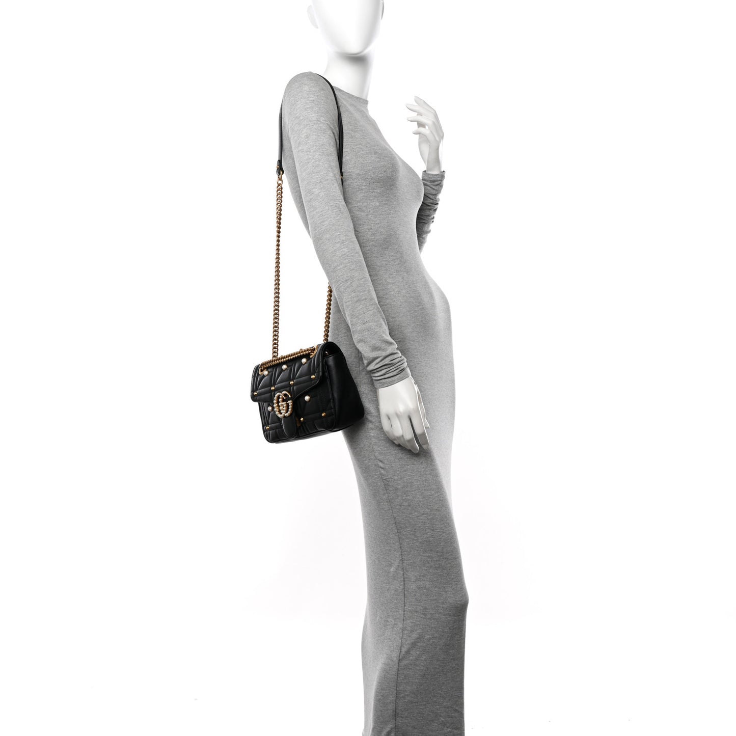 Calfskin Matelasse Studded Small Pearly GG Marmont Shoulder Bag Black