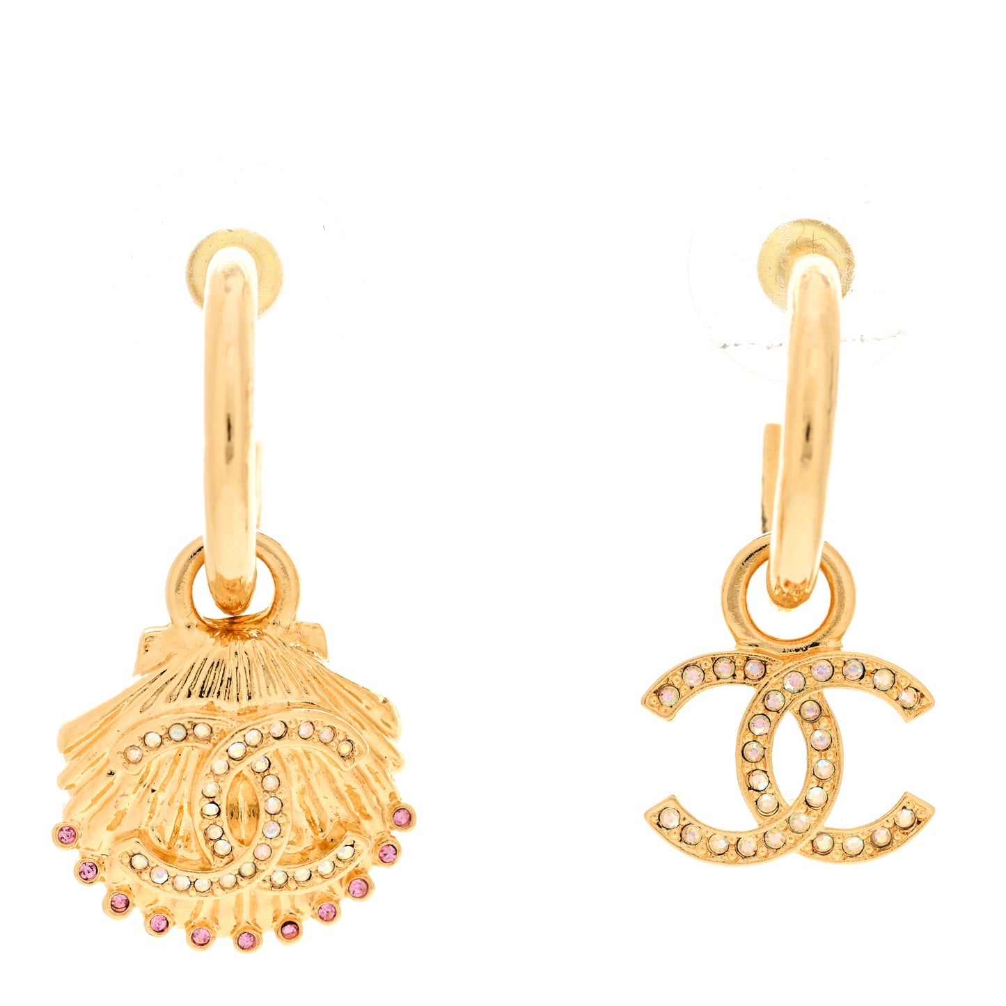 Metal CC Crystal Seashell Drop Earrings Gold