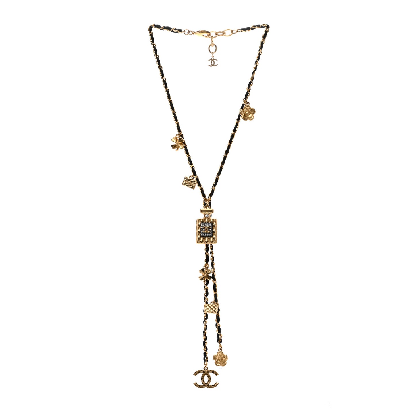Calfskin Crystal Pearl Perfume Bottle CC Charm Necklace Black Gold