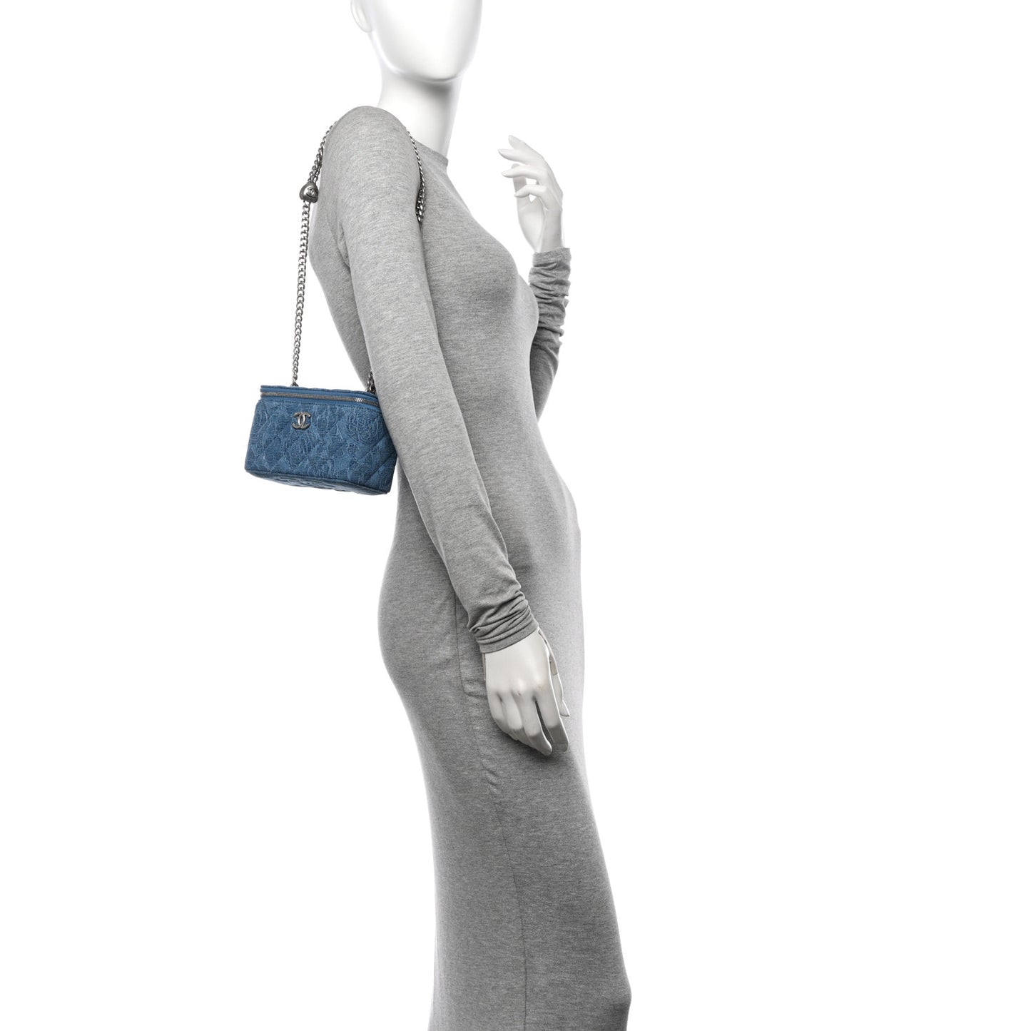 Denim Quilted Sweetheart Small Vanity Case With Chain Blue