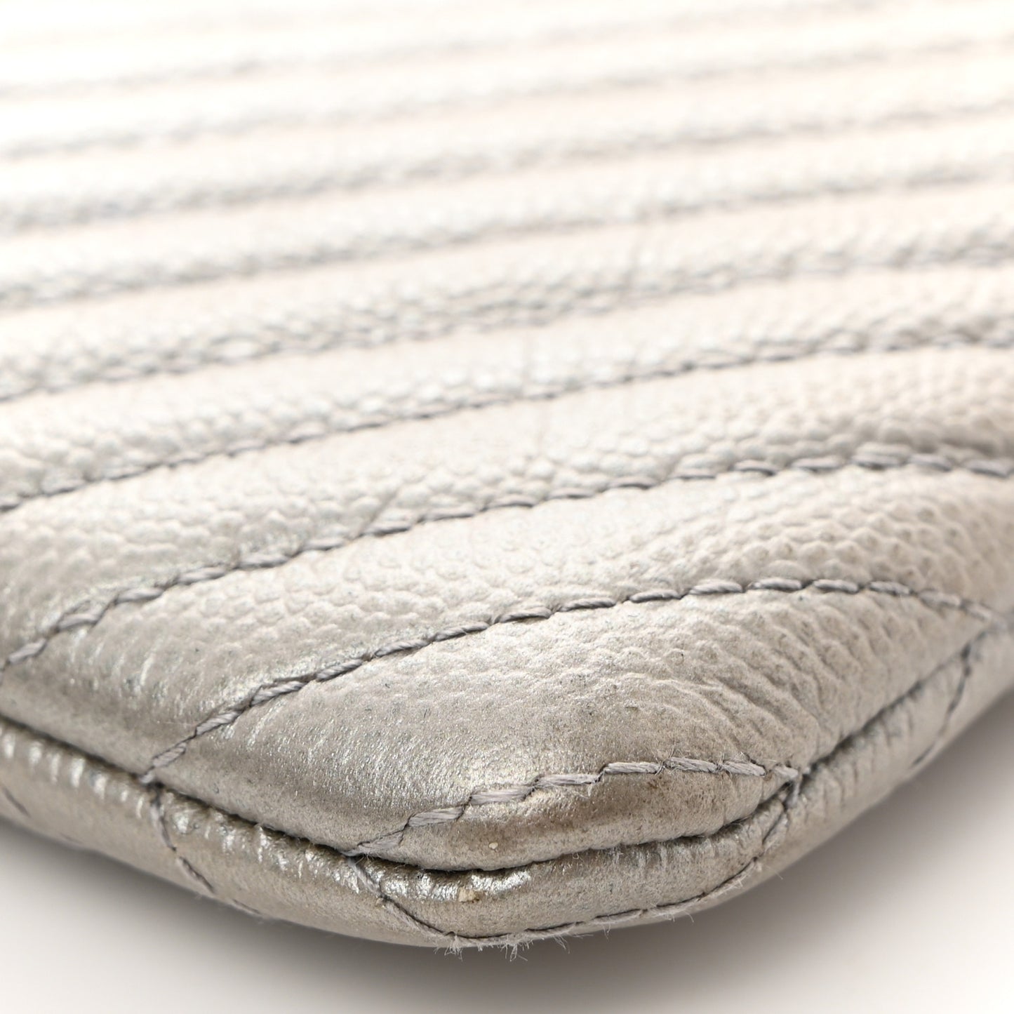 Metallic Caviar Chevron Quilted Large Boy Cosmetic Case Silver