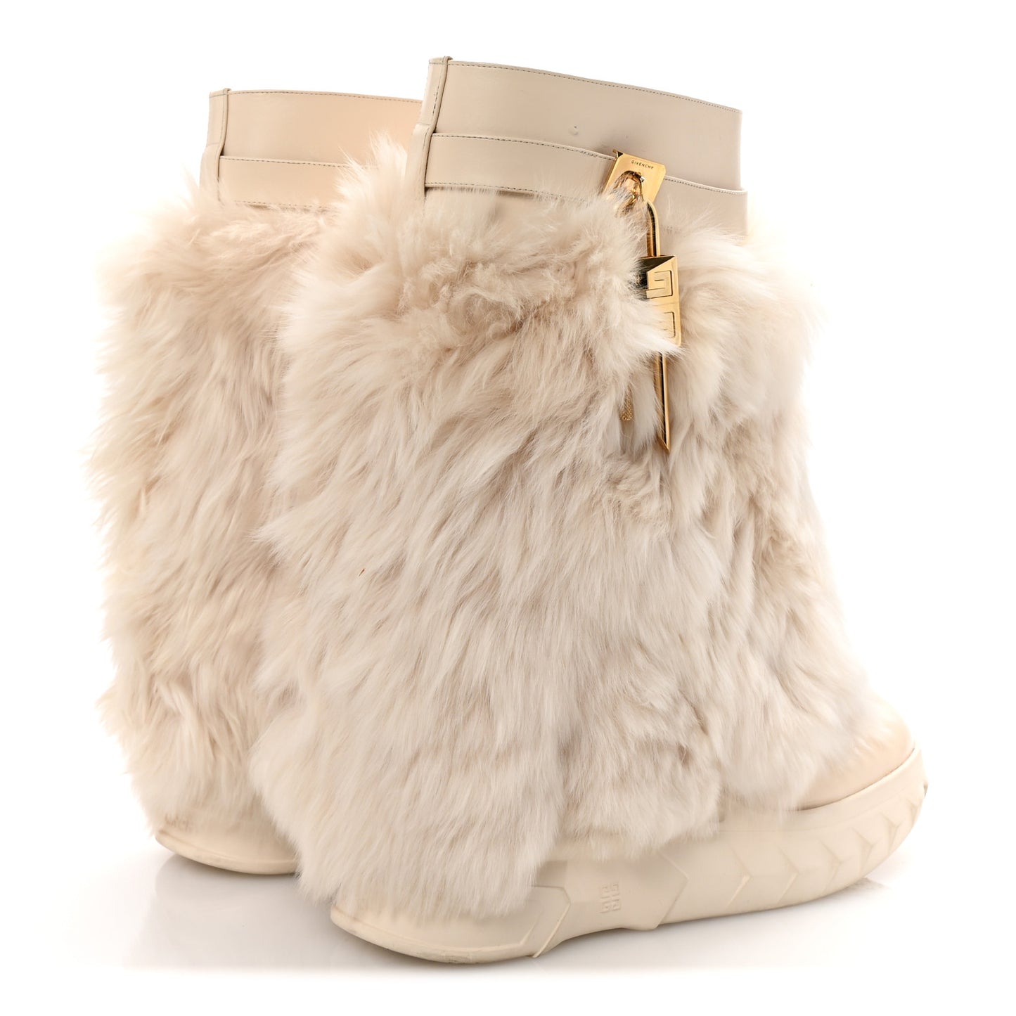 Calfskin Alpaca Fur Shark Lock Biker Ankle Boots 41 Ivory