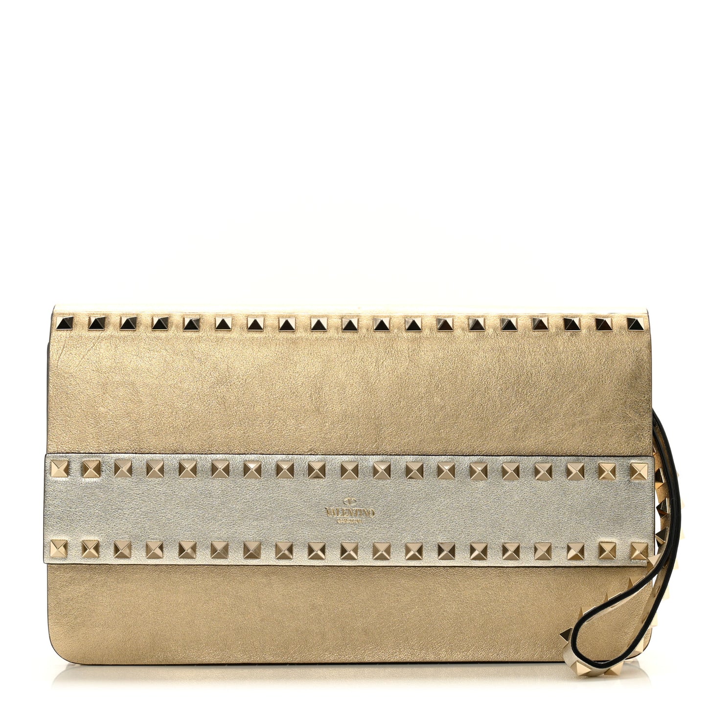Metallic Calfskin Rockstud Side Slip Wristlet Clutch Gold
