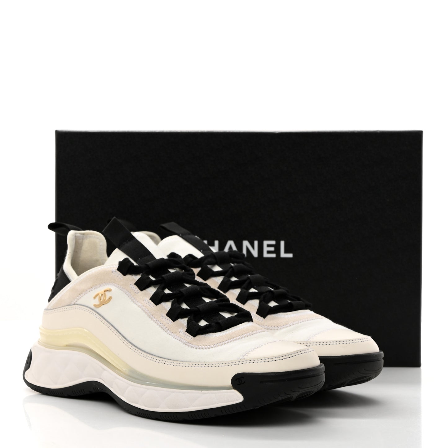 Velvet Calfskin Mixed Fibers CC Sneakers 39.5 Ivory Black