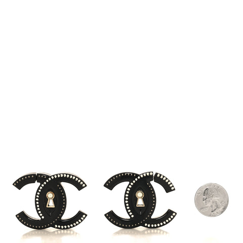 Metal Resin Crystal Pearl CC Hoop Earrings Gold Black