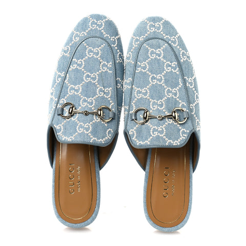 GG Denim Monogram Pearl Womens Princetown Slippers 37 Light Blue