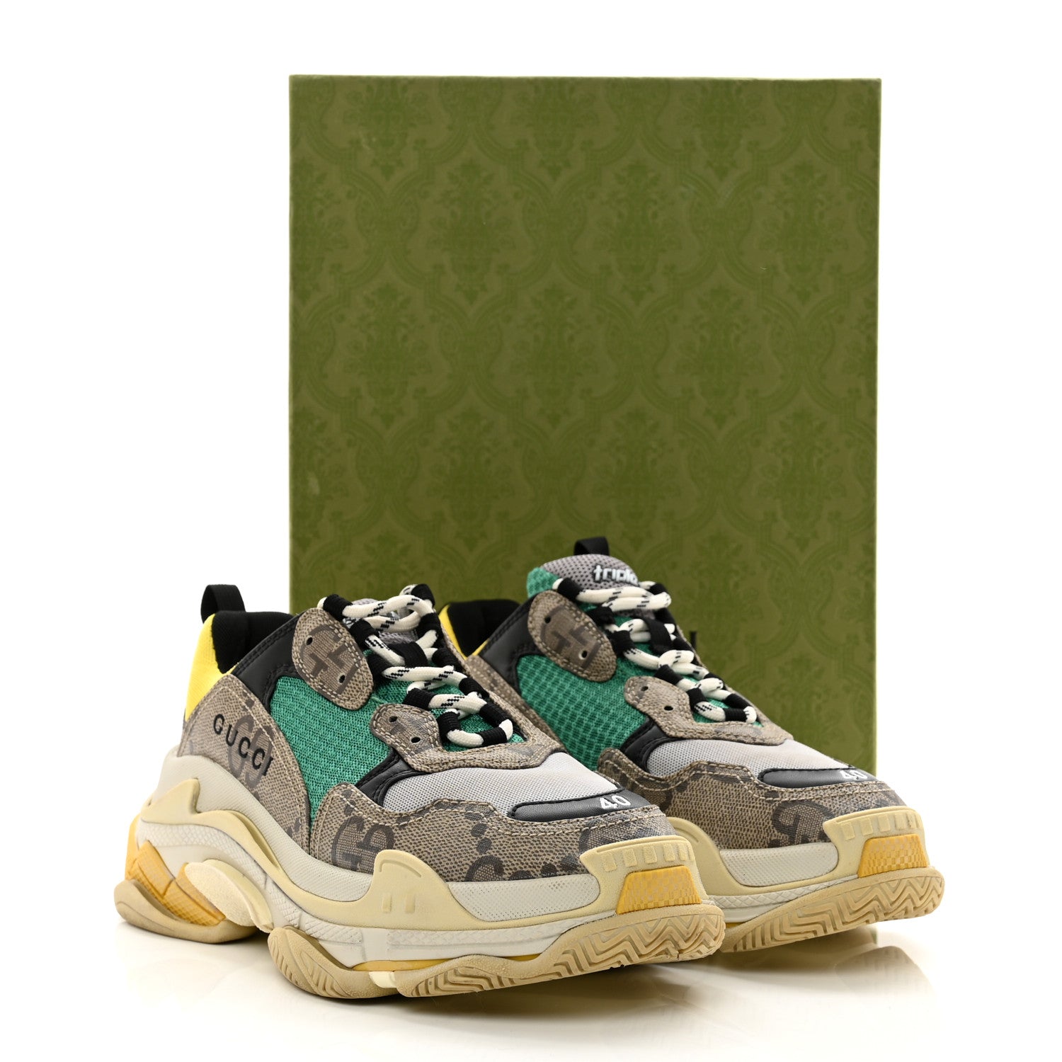Balenciaga X GUCCI Maxi GG Supreme Monogram Womens Triple S Sneakers 40 Beige Ebony Black Green 8 of 8