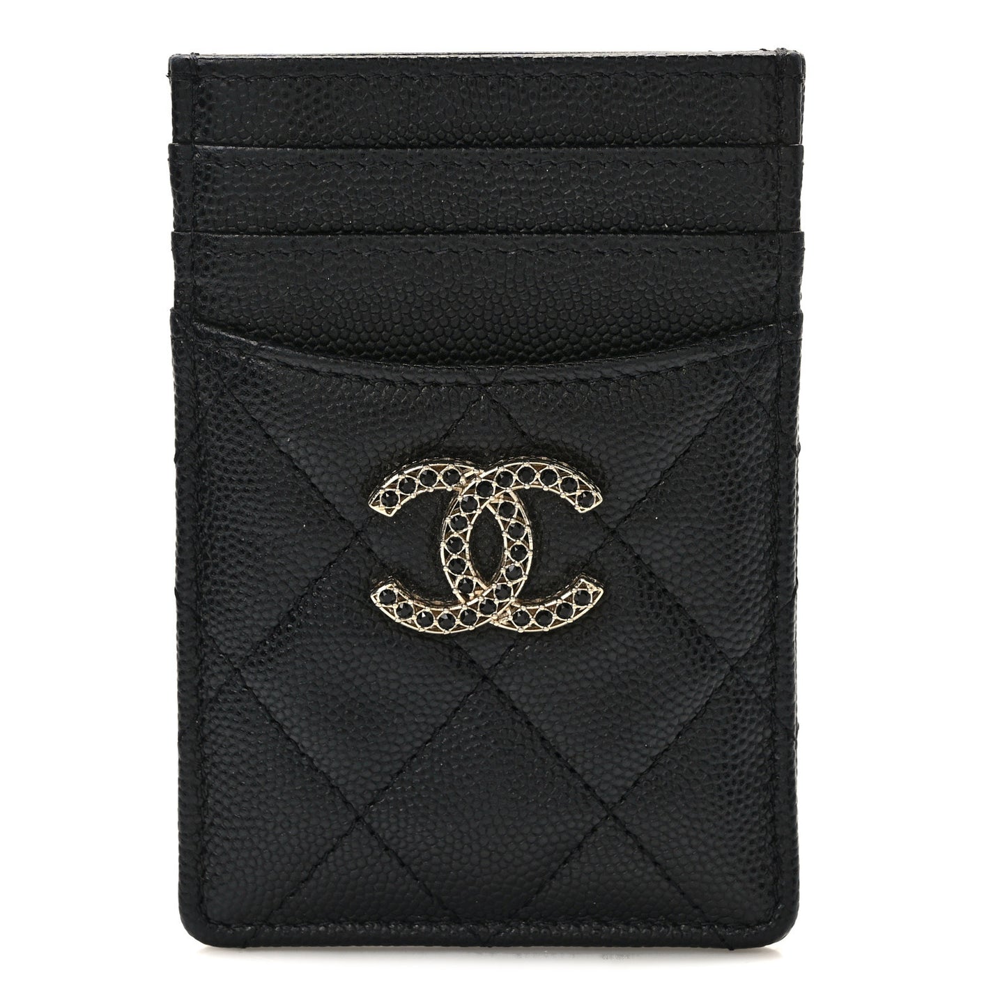 Caviar Quilted Crystal Vertical Card Holder Black