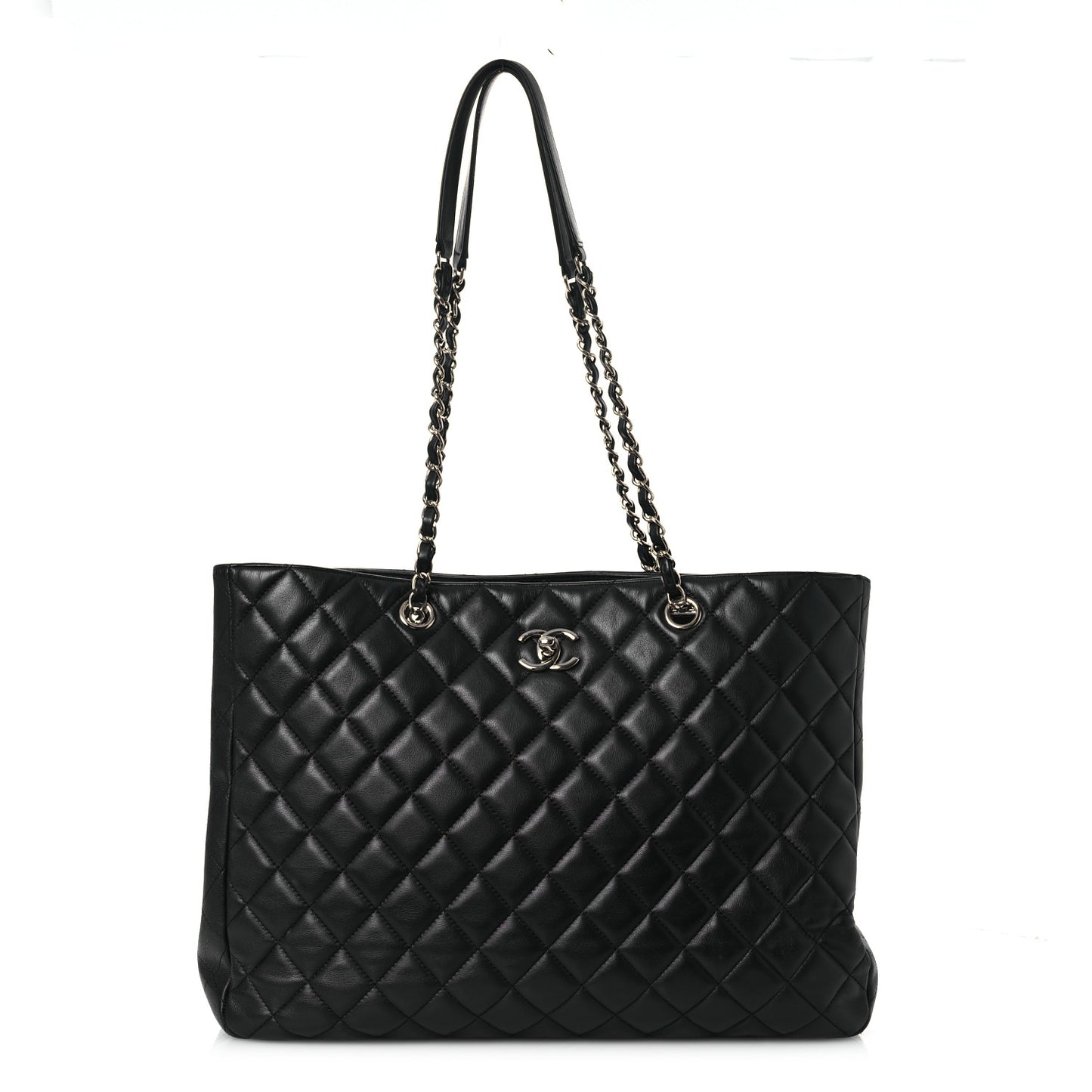 Calfskin Quilted Large CC Shopping Tote Black