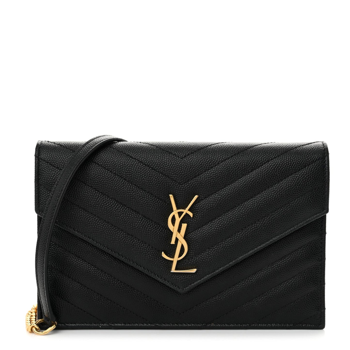 Grain De Poudre Matelasse Chevron Monogram Envelope Chain Wallet Black