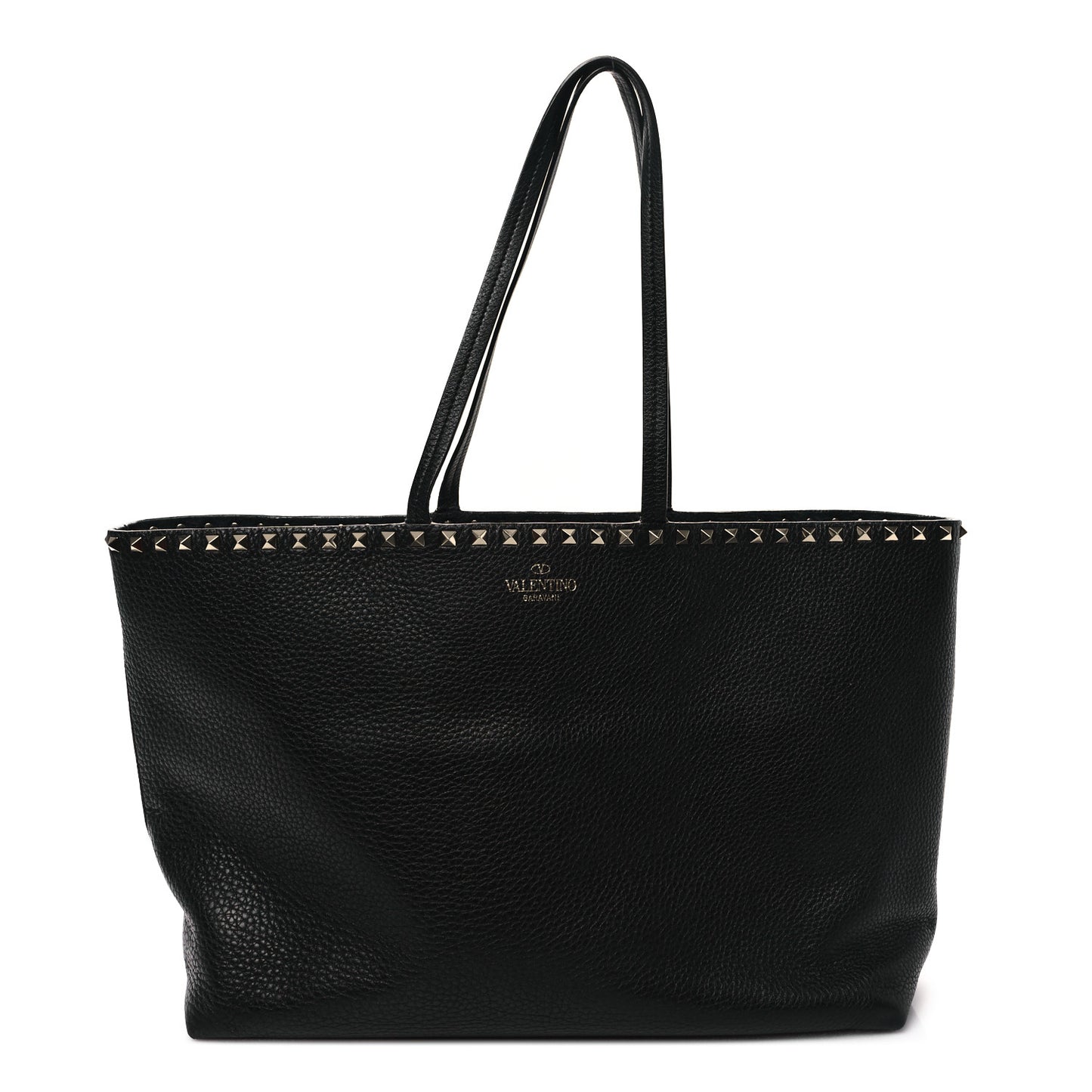 Grained Calfskin Rockstud Shoulder Tote Black