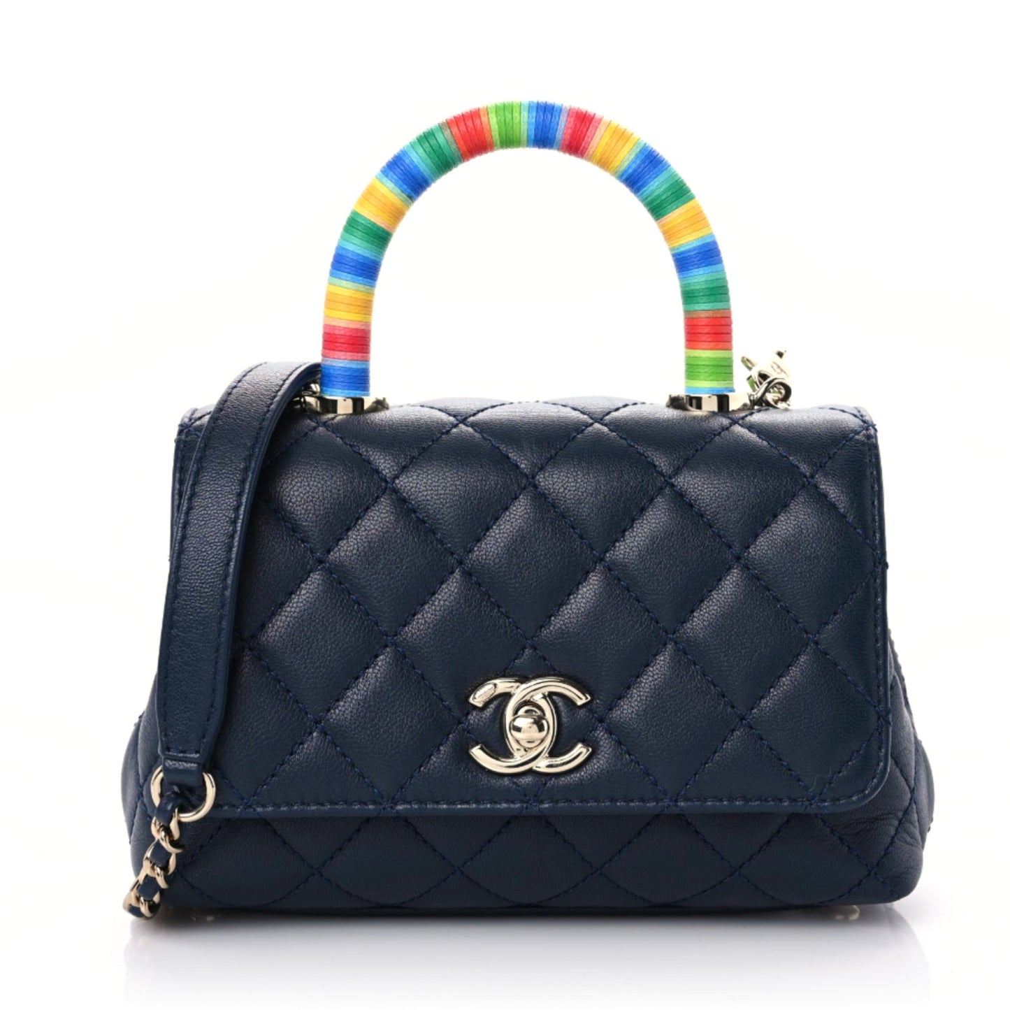 Goatskin Quilted Extra Mini Rainbow Coco Handle Flap Navy Blue