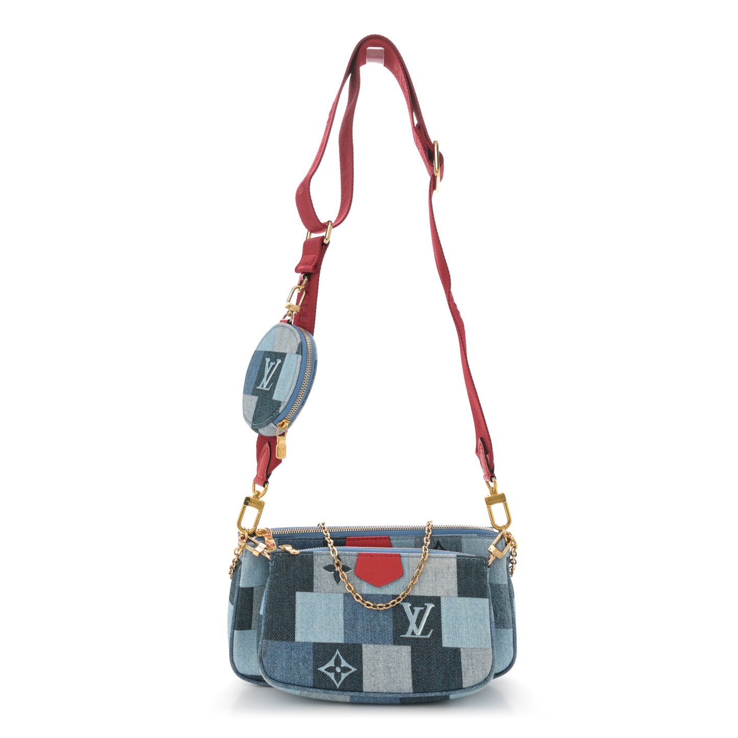 Denim Damier Monogram Patchwork Multi Pochette Accessories Blue Rouge