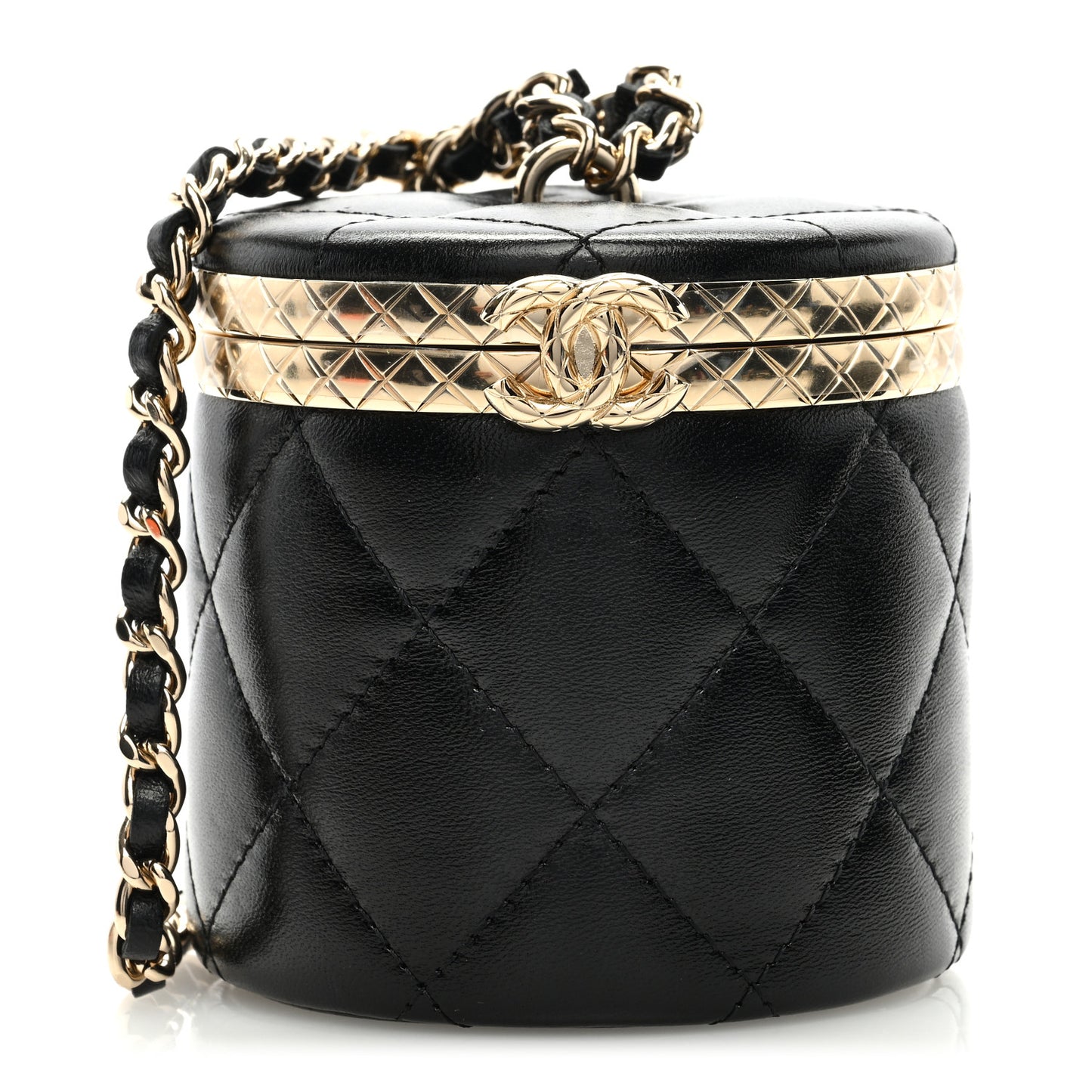 Metal Lambskin Quilted Mini Lock Frame Vanity Clutch Black