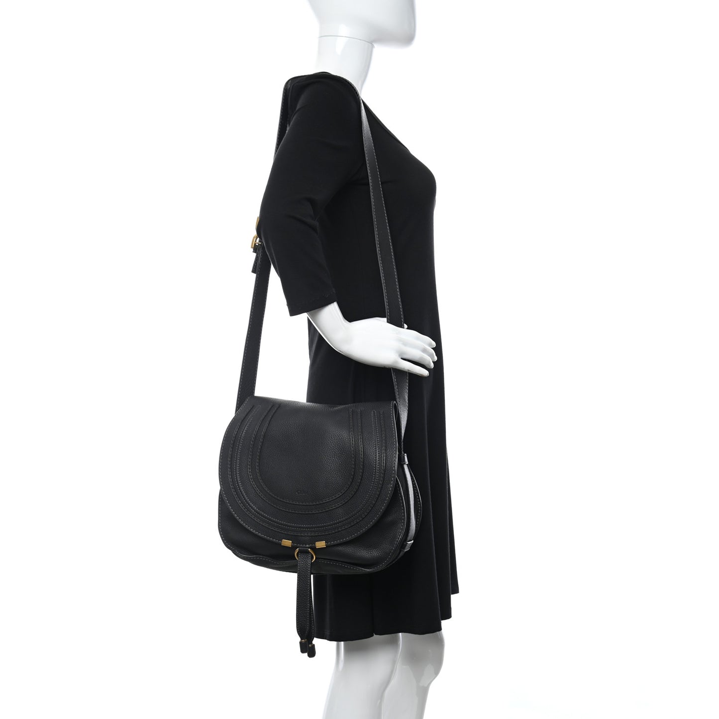 Calfskin Medium Marcie Round Crossbody Bag Black