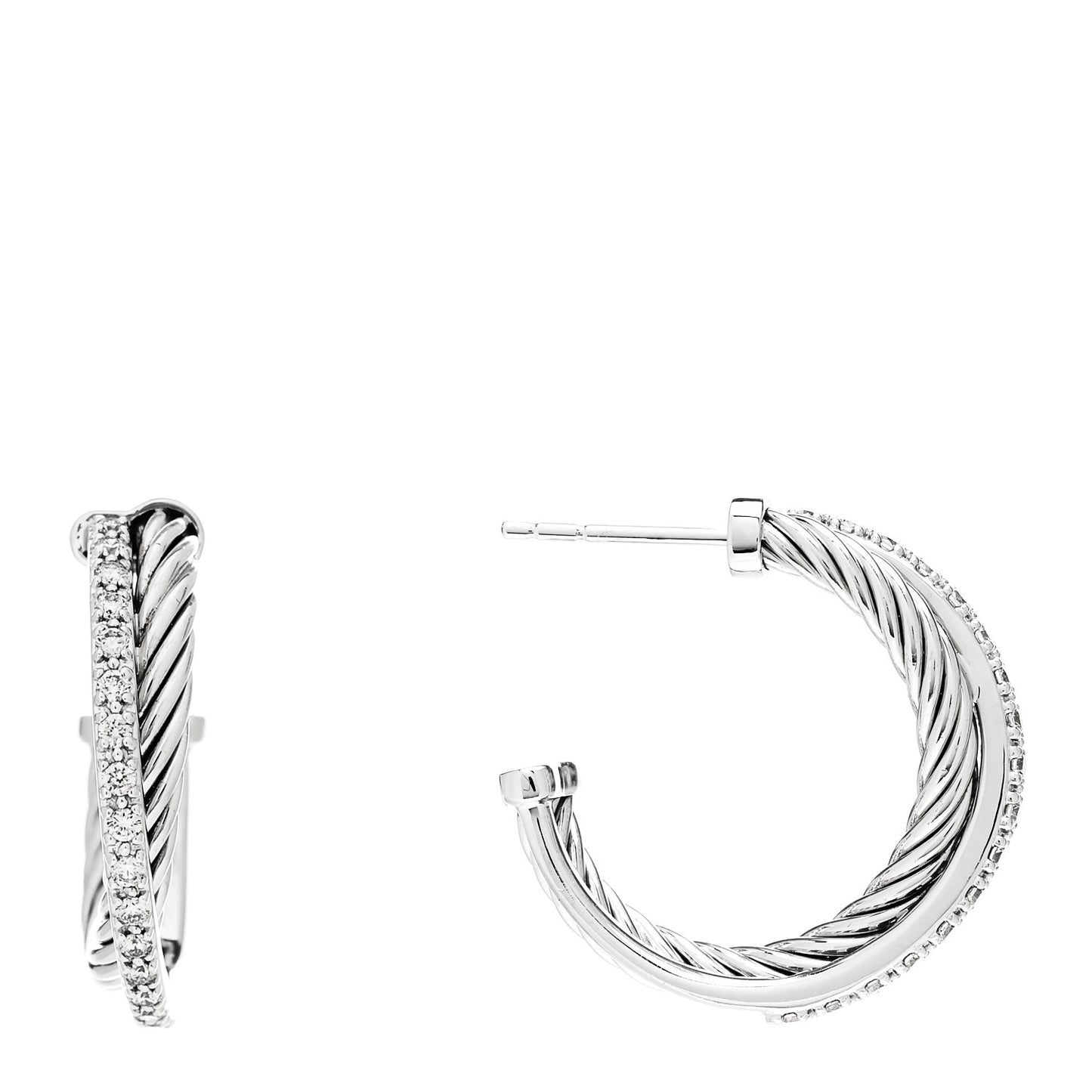 Sterling Silver 14K White Gold Diamond Small Crossover Hoop Earrings
