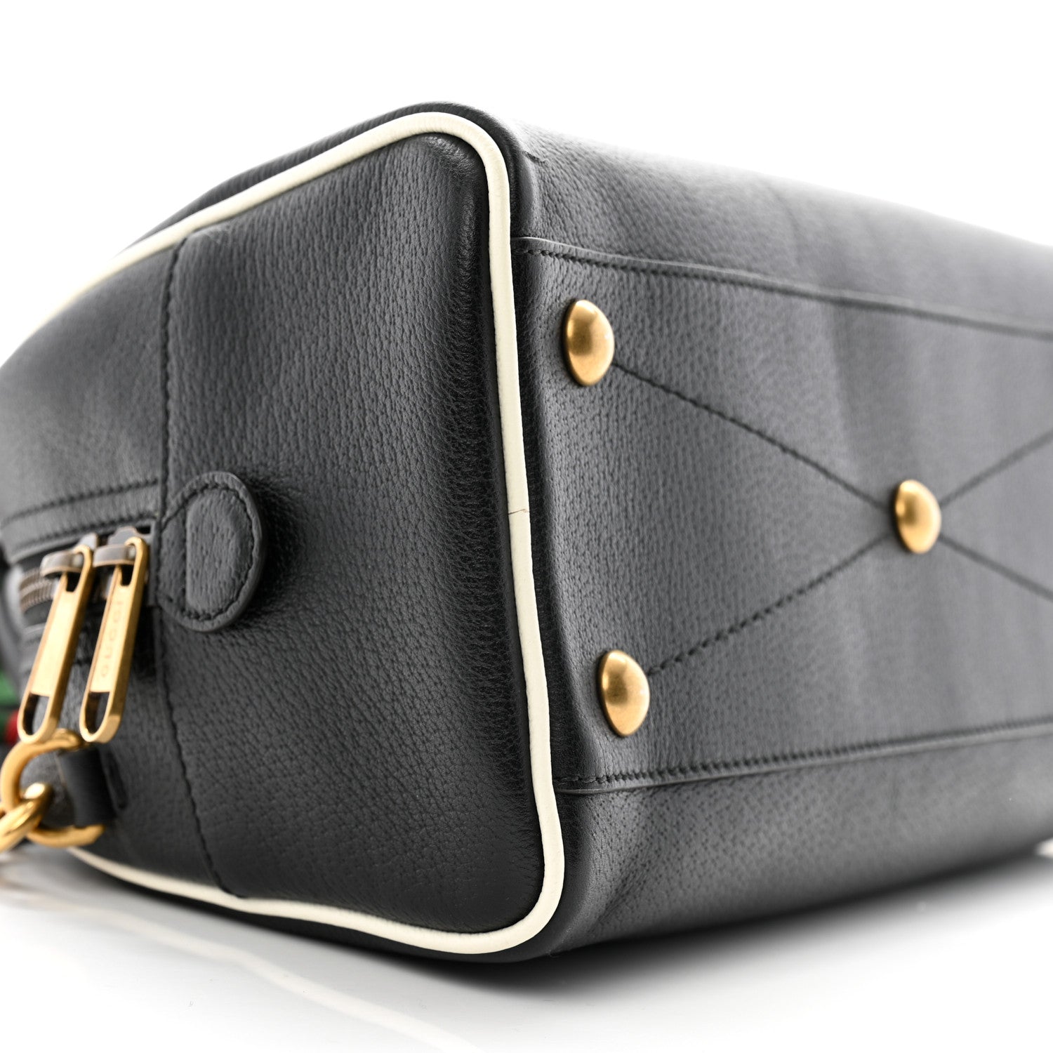 Gucci X ADIDAS Textured Dollar Calfskin Web Trefoil Logo Embossed Mini Bowling Bag Black Off White 9 of 12