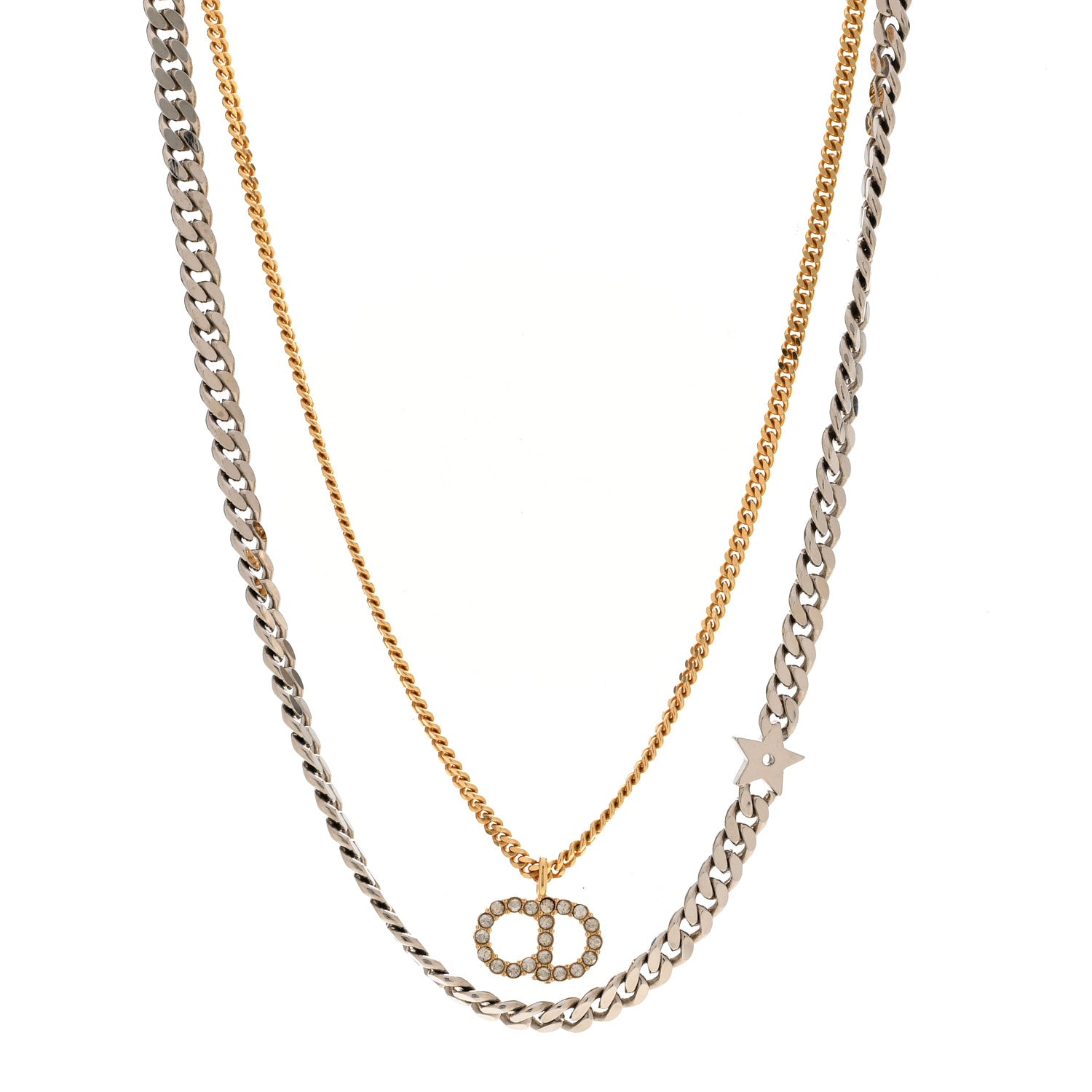 Christian Dior Metal Crystal CD Star Chain Necklace Gold Silver