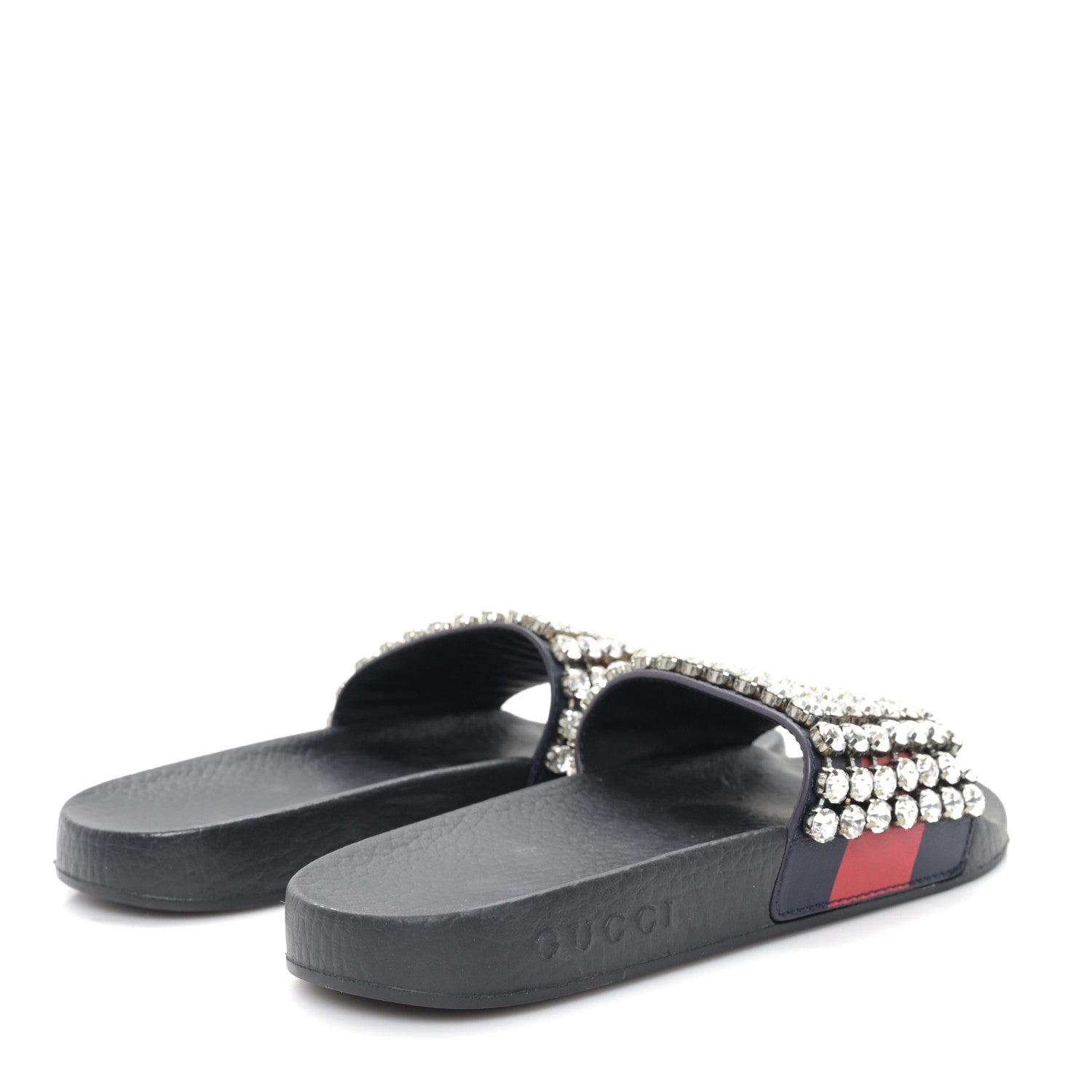Gucci Calfskin Crystal Embellished Web Slide Sandals 36 Blue Red 5 of 8