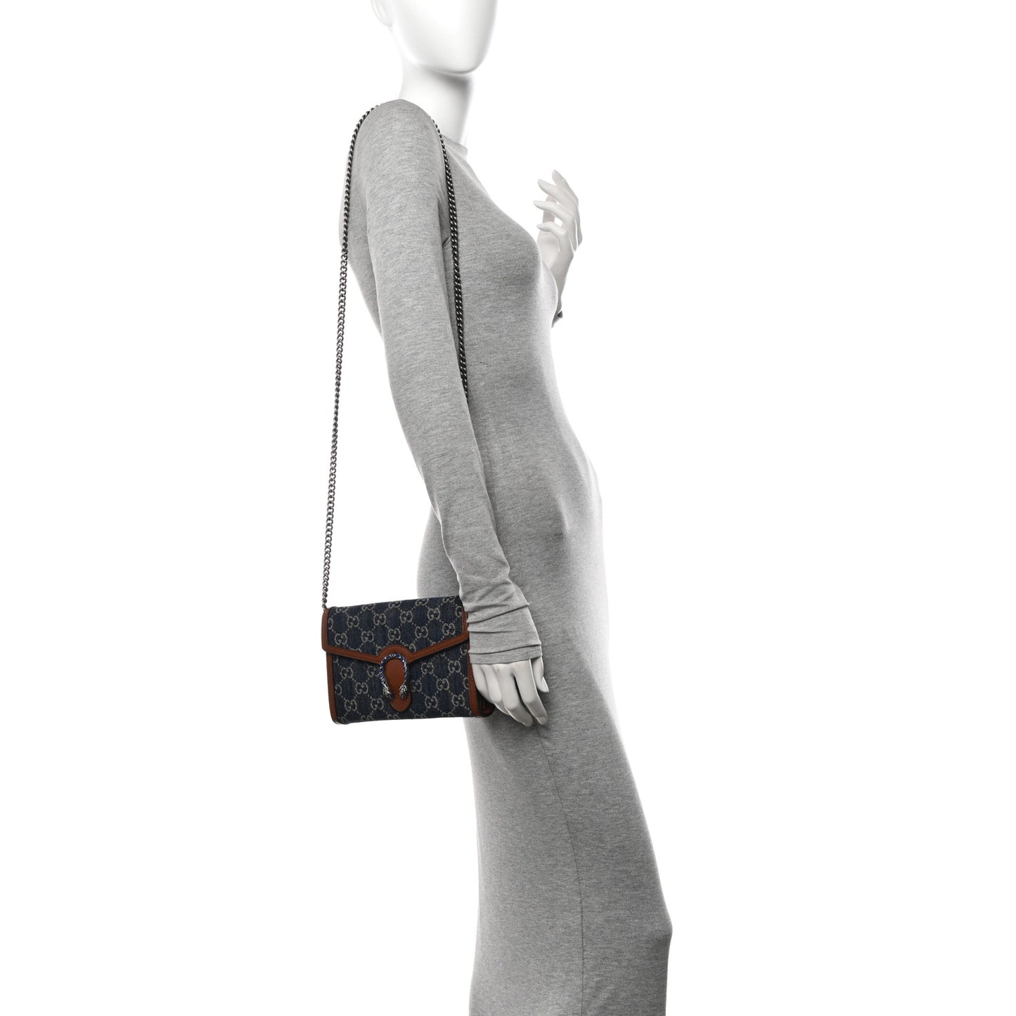 New Denim GG Monogram Dollar Calfskin Enamel Mini Dionysus Chain Wallet Blue Tea Cuir Epilog Electric Blue