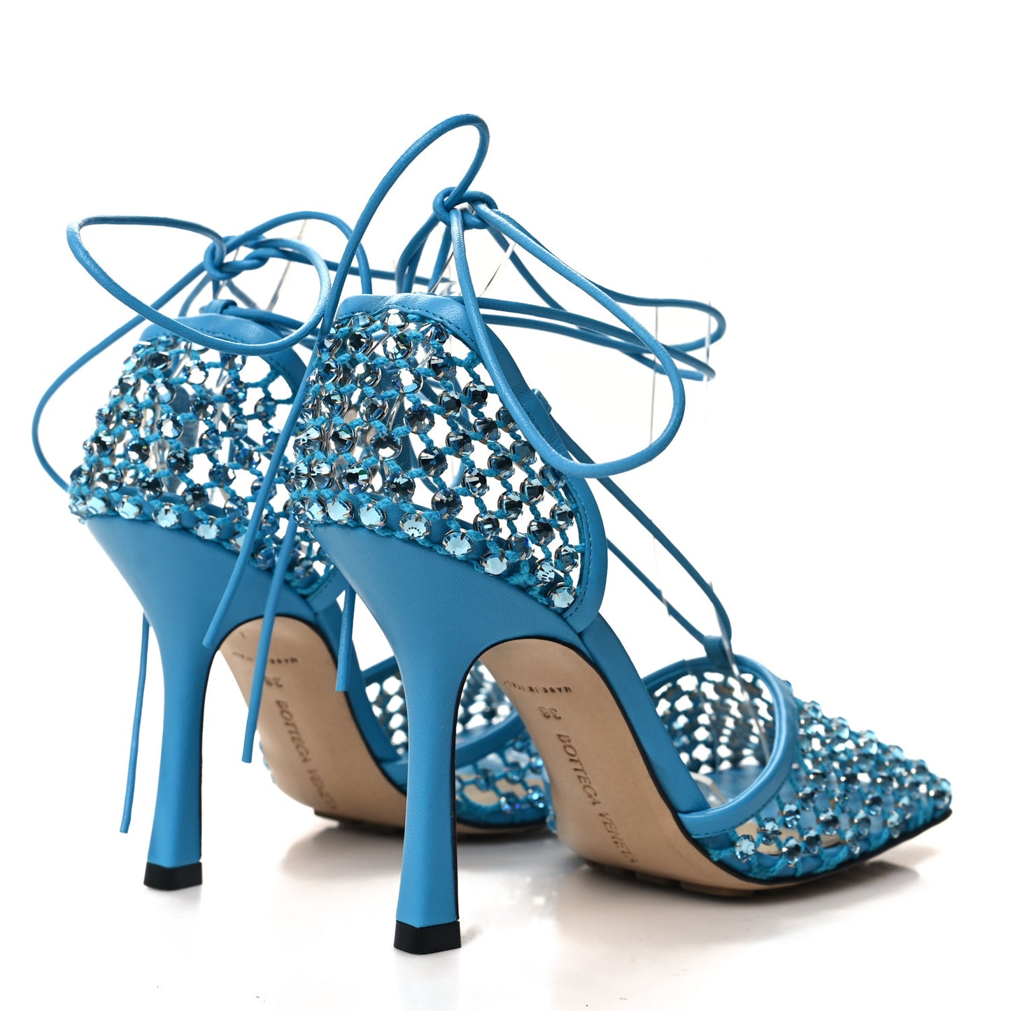 Mesh Nappa Crystal Embellished Sparkle Stretch Ankle Tie 90mm Sandals 38 Pool