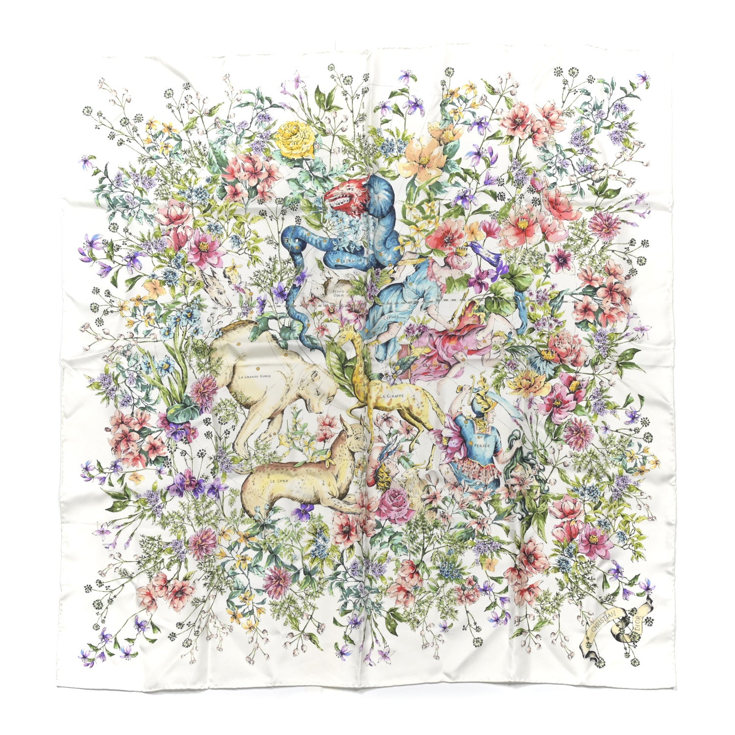 Christian Dior Silk Floral D-Constellation Square Scarf White