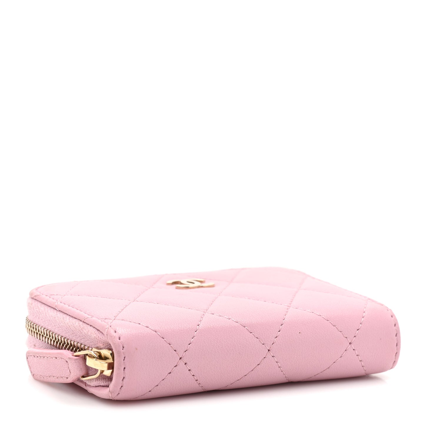 Iridescent Calfskin Quilted Zip Coin Purse Wallet Light Pink