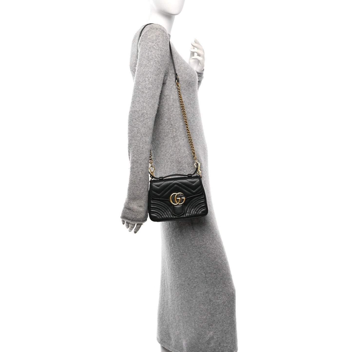 Calfskin Matelasse Mini GG Marmont Top Handle Shoulder Bag Black