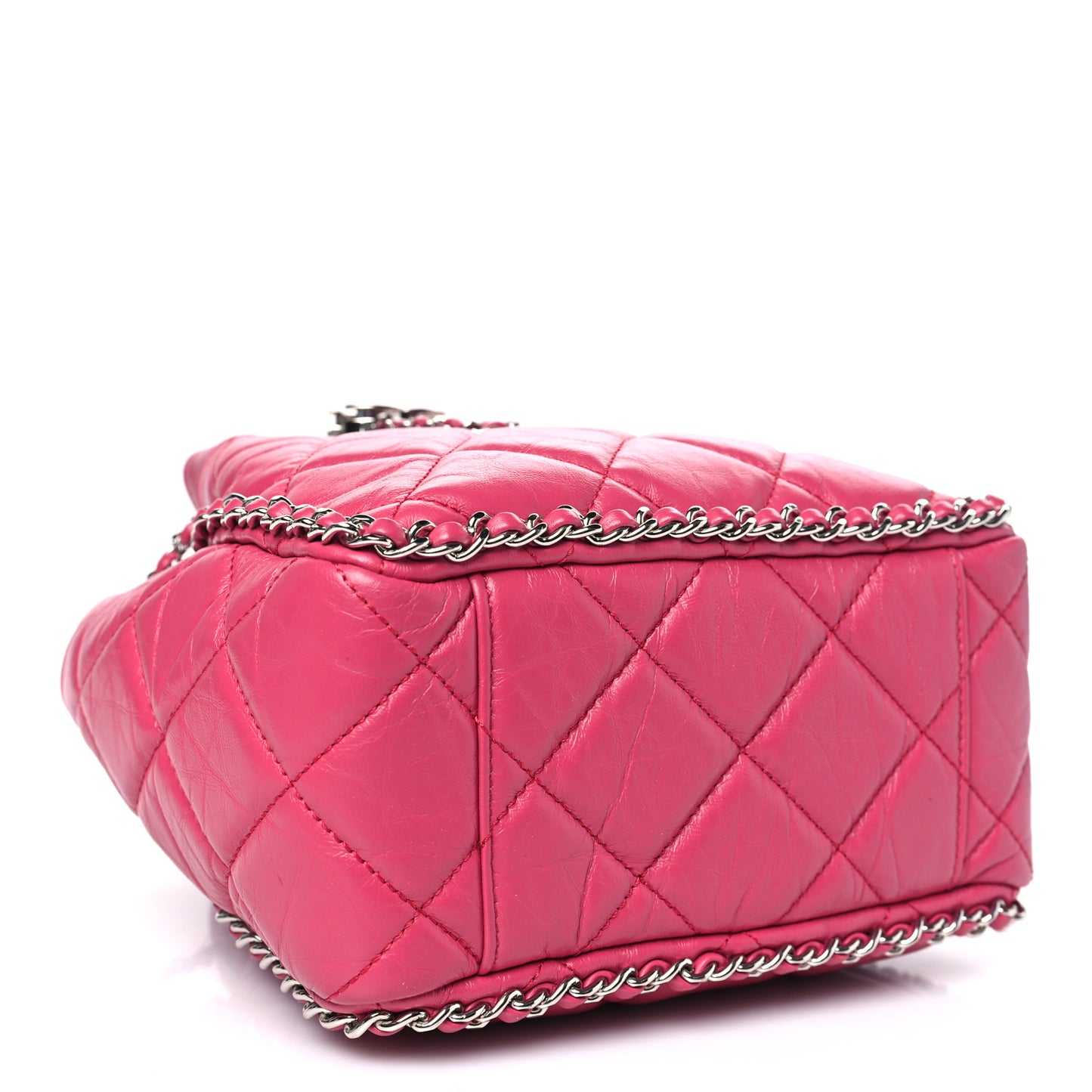 Crumpled Calfskin Quilted Chain All Over Drawstring Bucket Bag Pink