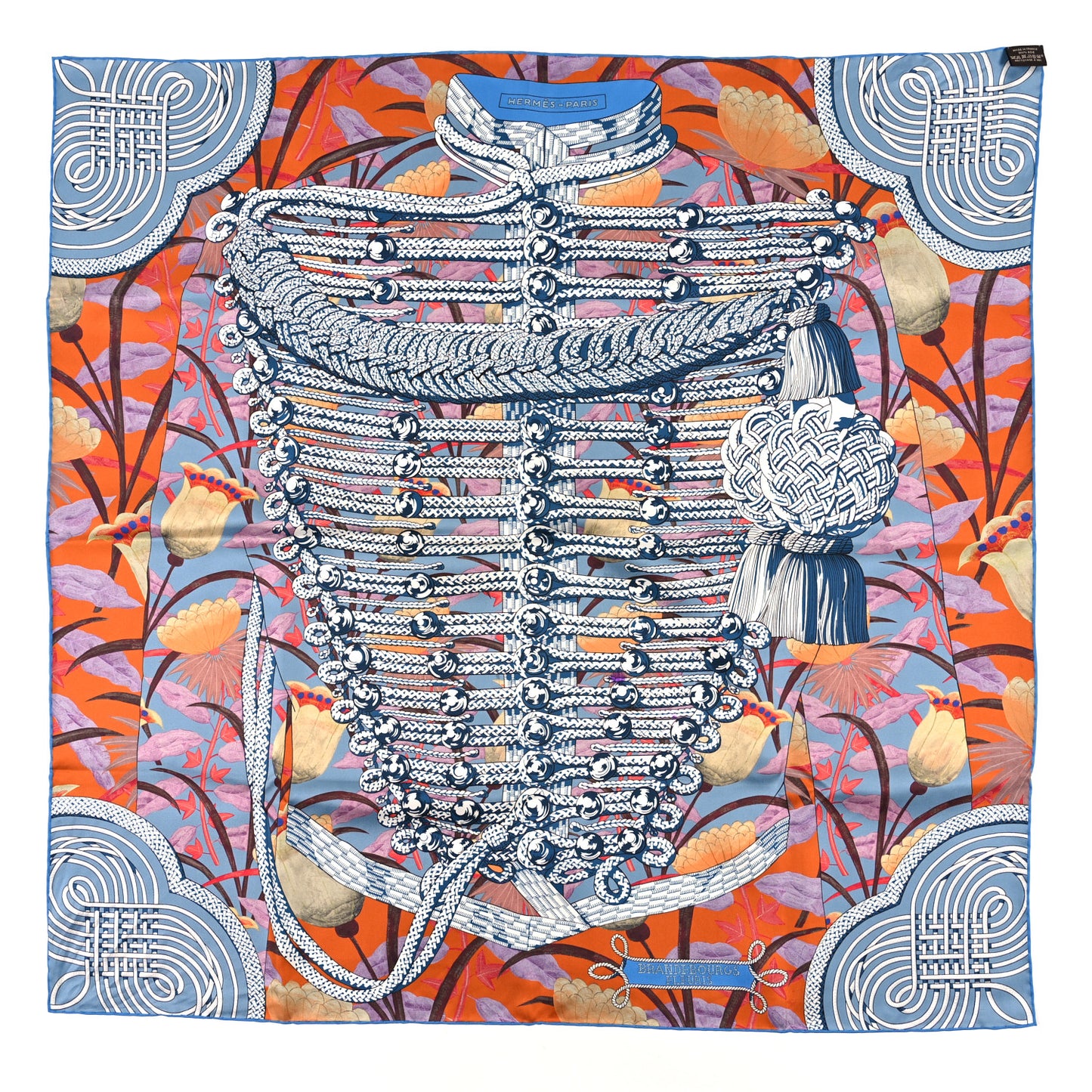 Silk Carre Double Face Brandebourgs Scarf 90 Bleu Jean Tabac Anthracite