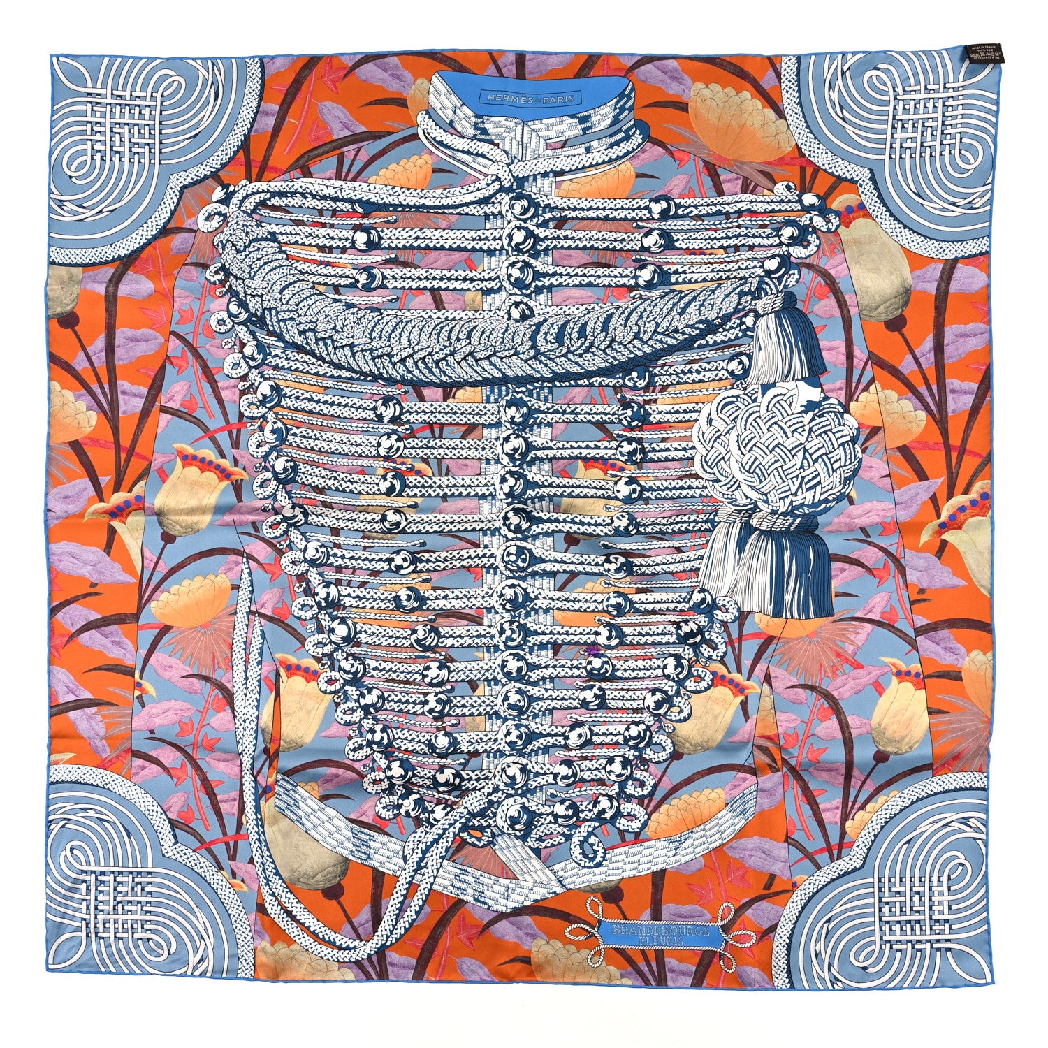 Hermes Silk Carre Double Face Brandebourgs Scarf 90 Bleu Jean Tabac Anthracite 4 of 5