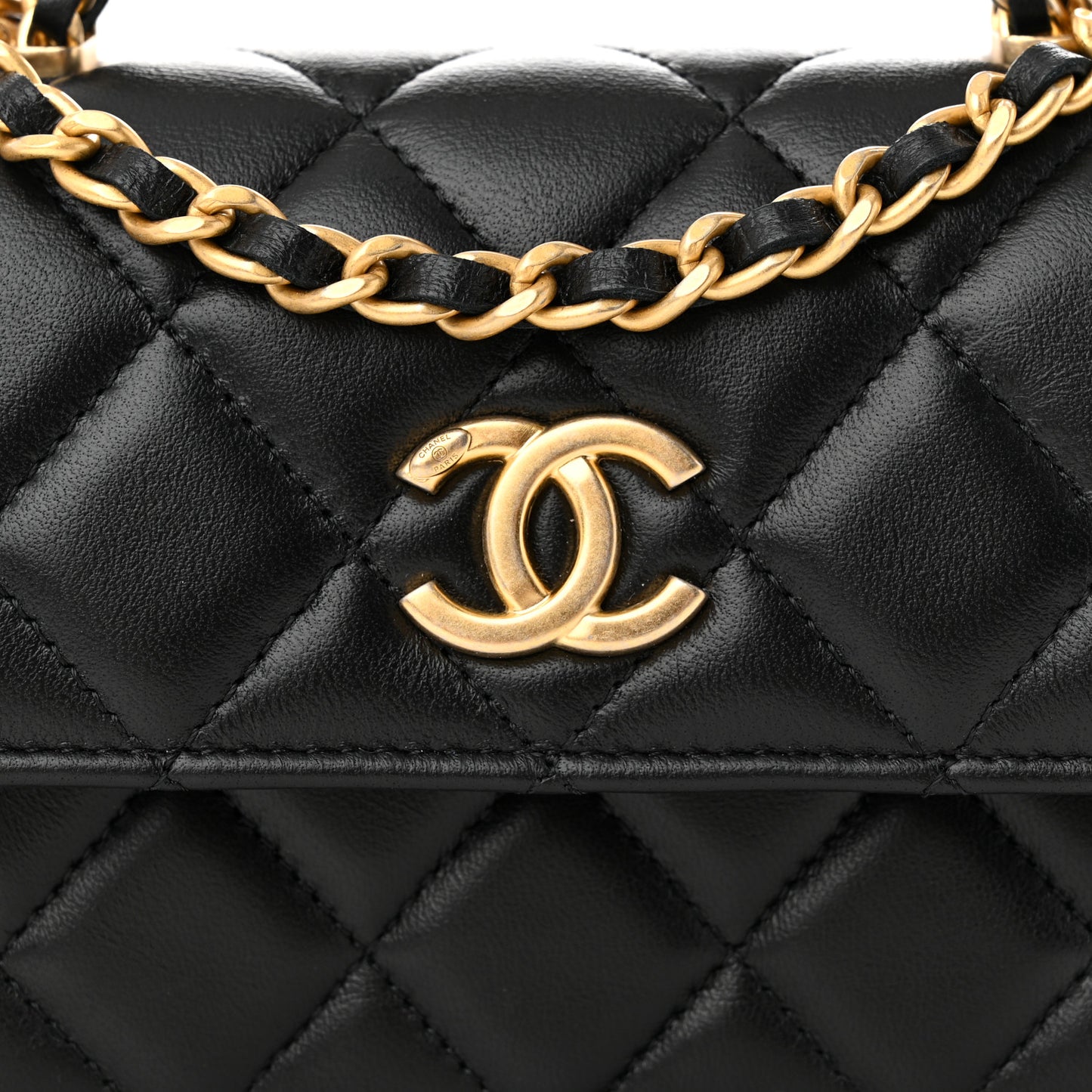 Lambskin Quilted Chain Top Handle Clutch With Chain Black